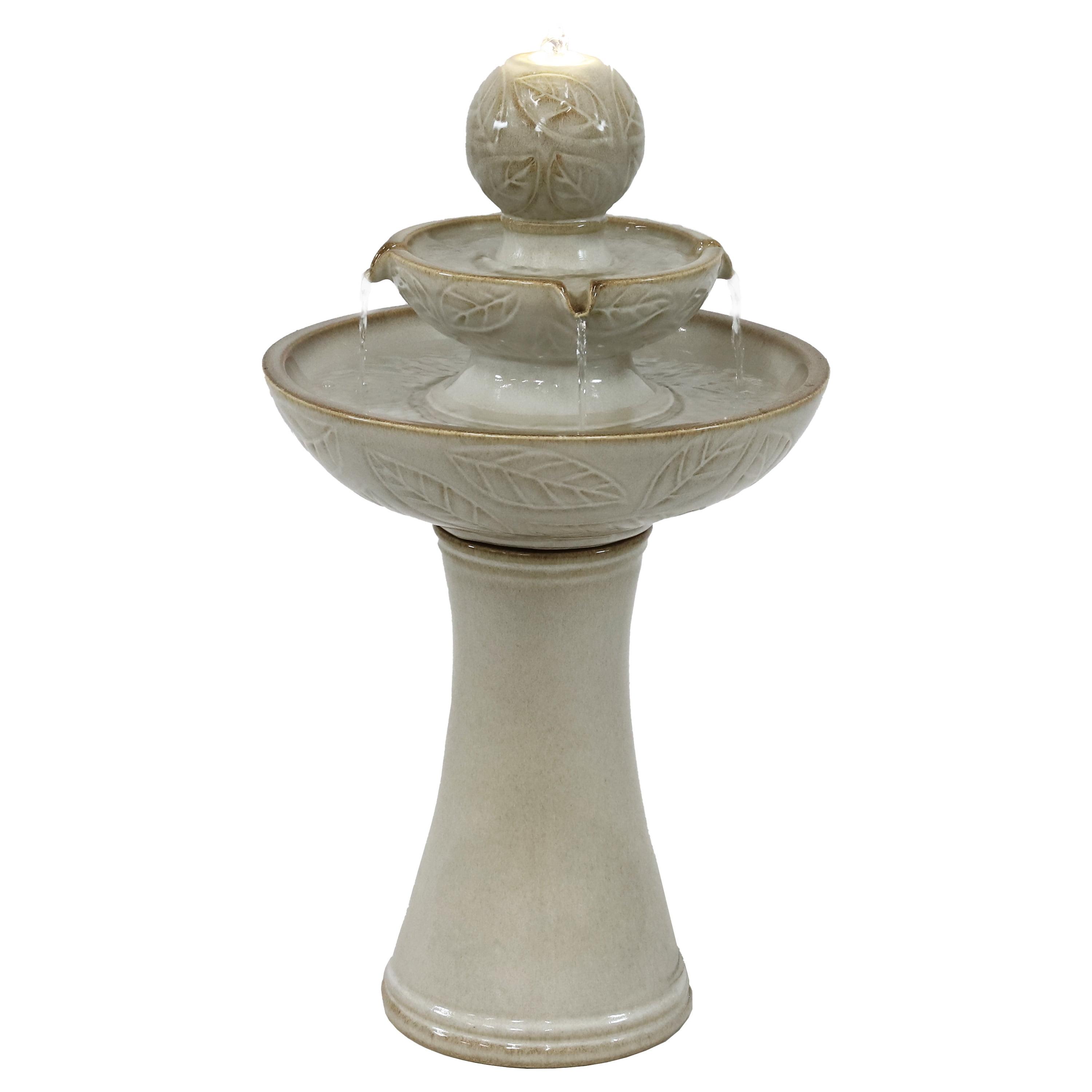 Sunnydaze Gentle Glow 2-Tier Ceramic Outdoor Fountain with LED Lights - 26.5" H - Off-White