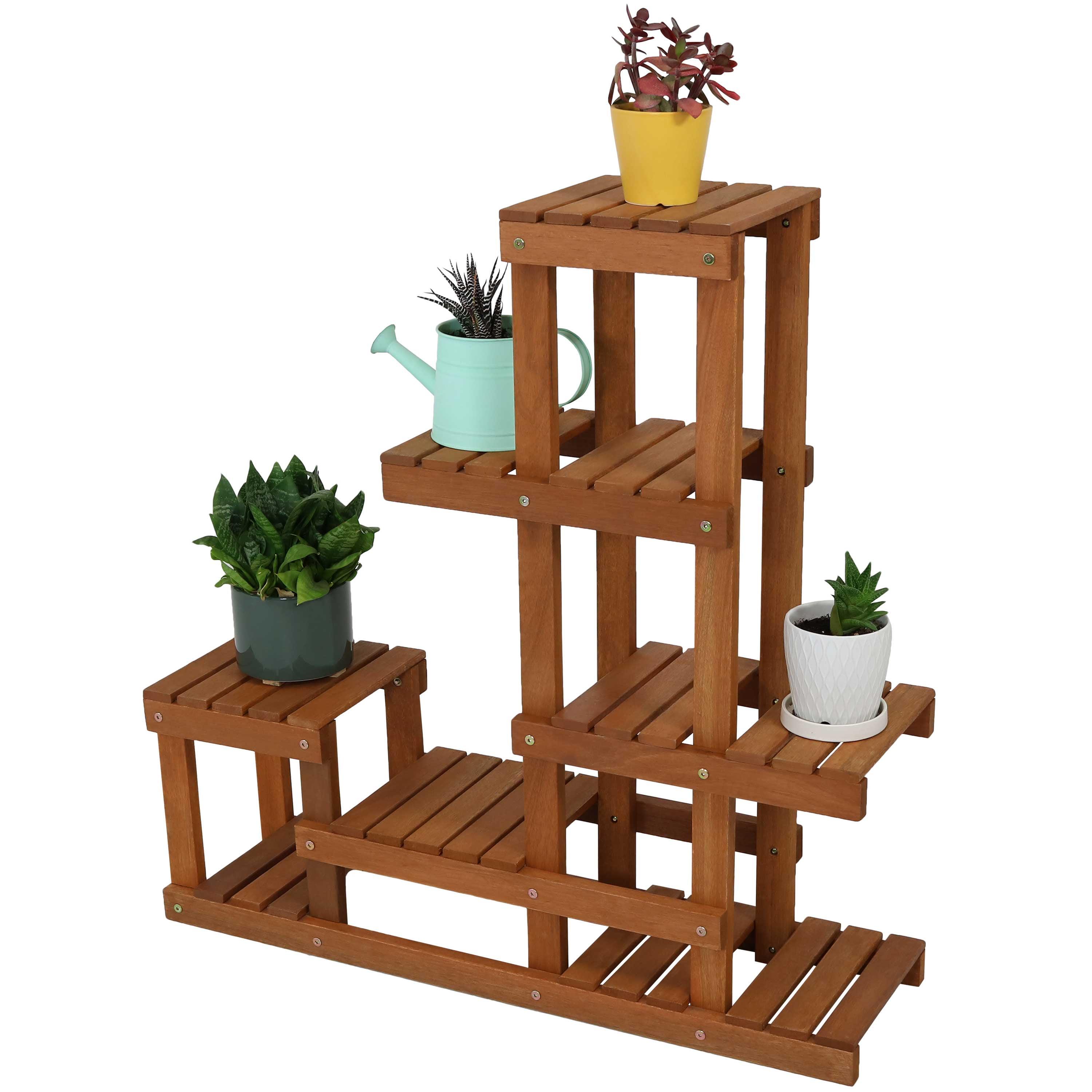 Sunnydaze Indoor/Outdoor Meranti Wood with Teak Oil Finish 7-Tiered Succulent Flower Plant Stand Display Shelf - 36" - Brown