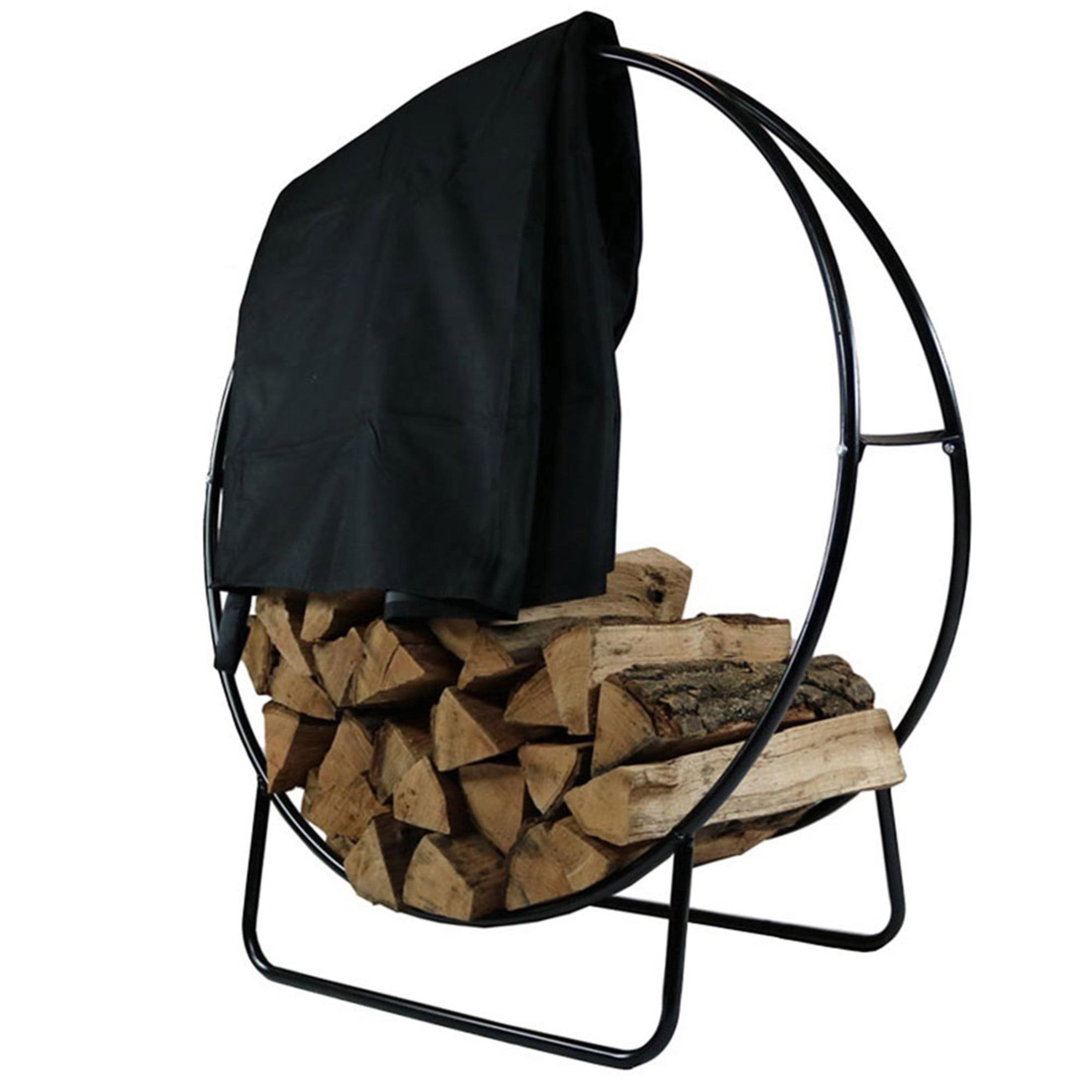 Sunnydaze Outdoor Heavy-Duty Steel Firewood Log Hoop Storage Rack with Weather-Resistant PVC Log Hoop Cover - 48" - Black