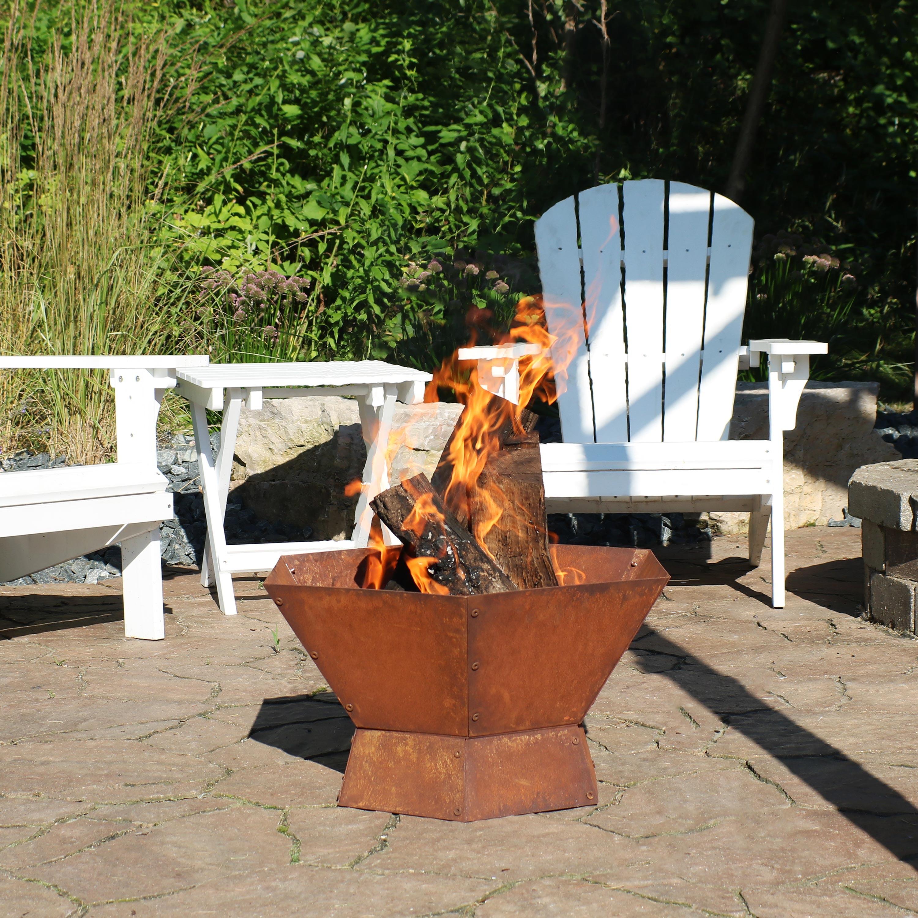 Sunnydaze Outdoor Camping or Backyard Hexagon Rustic Affinity Fire Pit Bowl on Pedestal Stand - 23" - Oxidized Rust