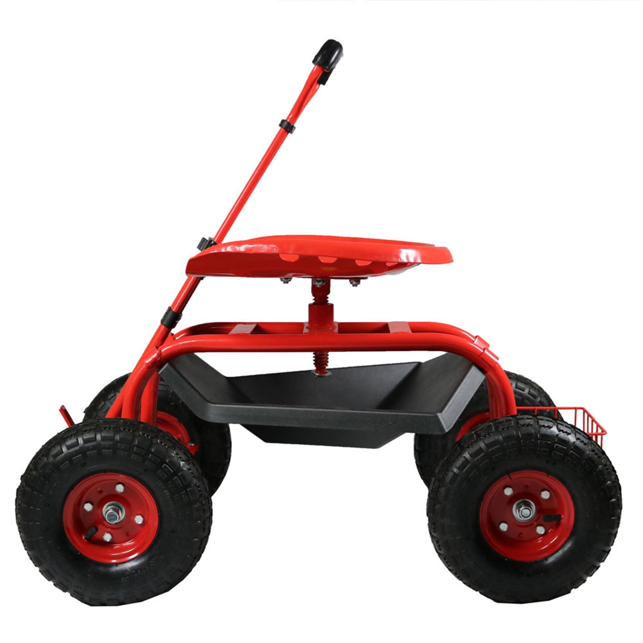 Sunnydaze Outdoor Heavy-Duty Steel Rolling Gardening Cart with Extendable Steer Handle, Swivel Chair, Tool Tray, and Basket - Red