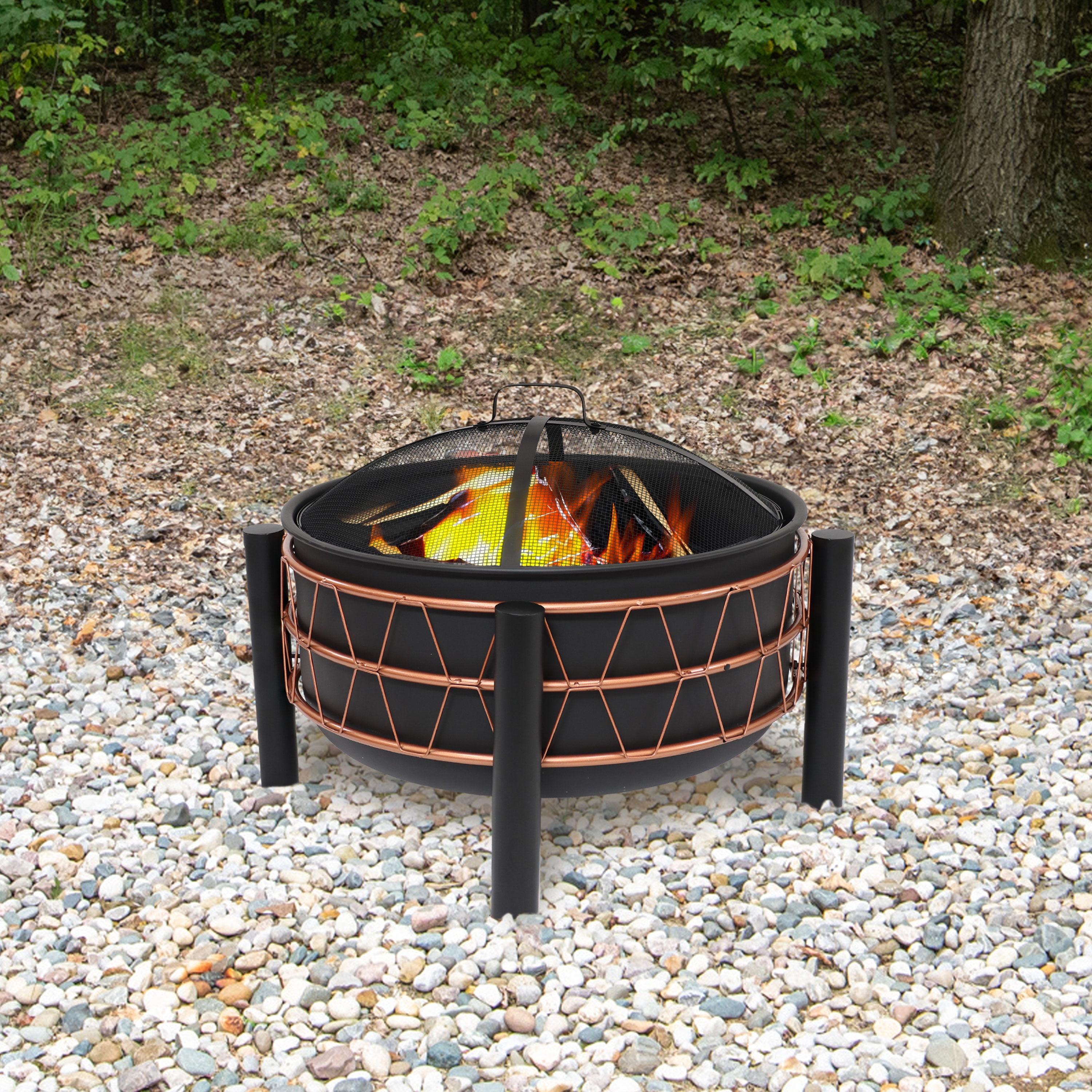 Sunnydaze Steel Fire Pit with Bronze Trapezoid Pattern and PVC Cover - 24.5" Round - Black