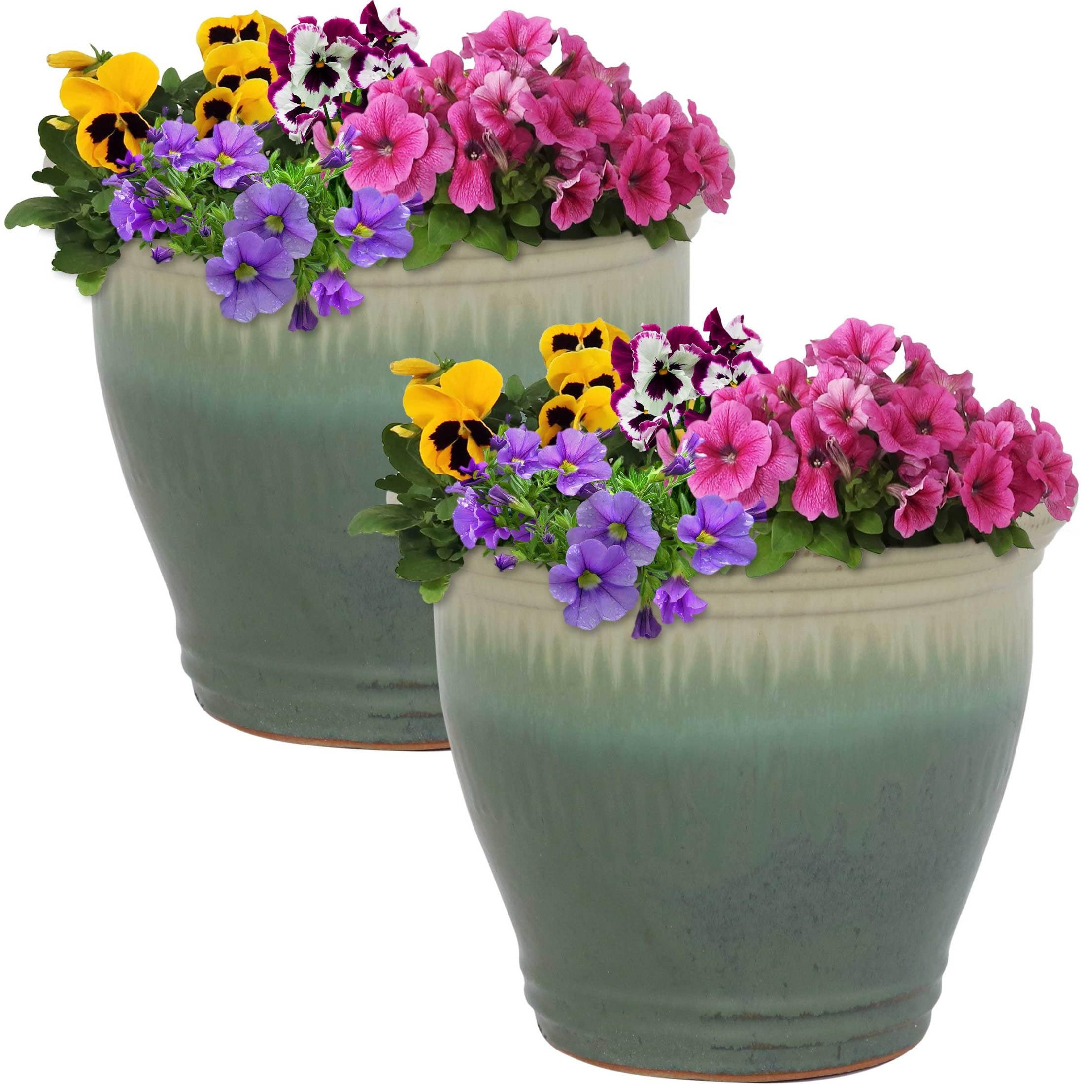 Sunnydaze Studio Outdoor/Indoor High-Fired Glazed UV- and Frost-Resistant Ceramic Planters with Drainage Holes - 11" Diameter - Seafoam - 2-Pack