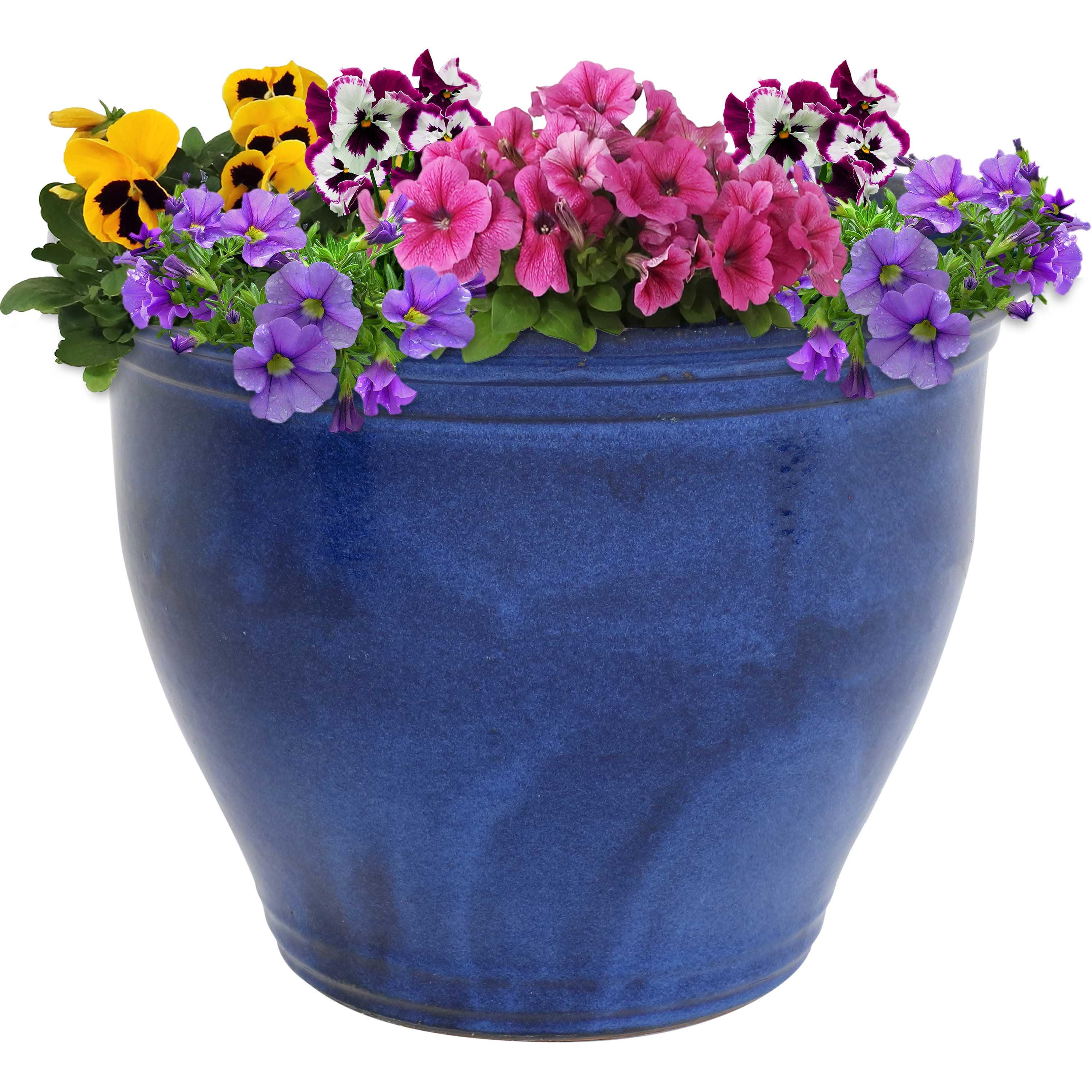 Imperial Blue 18-Inch Ceramic Outdoor Planter with Glazed Finish