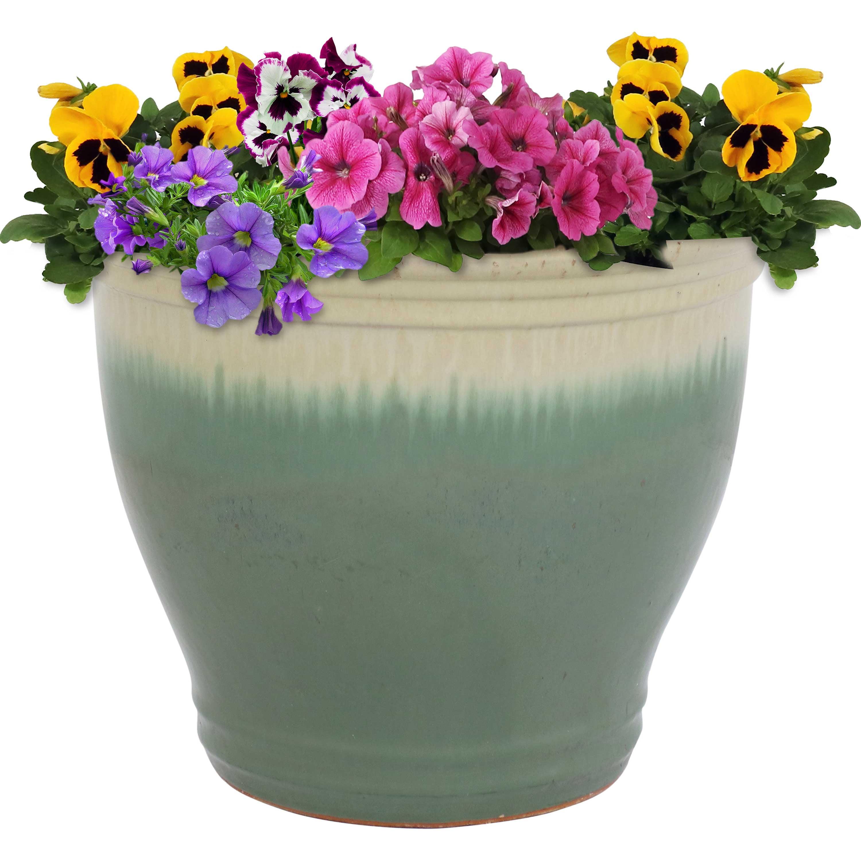 Seafoam and Beige Glazed Ceramic 15" Planter with Drainage Holes