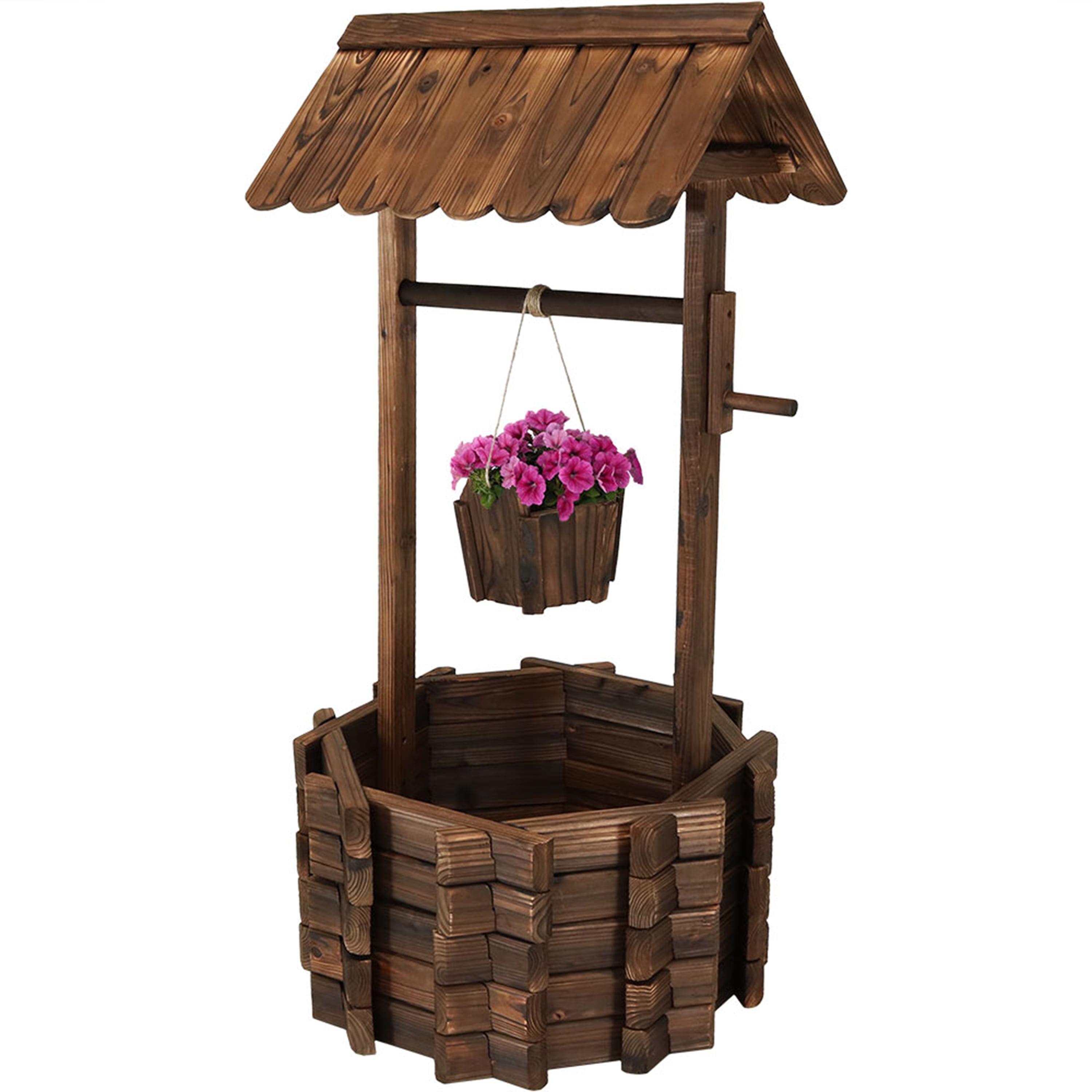 Sunnydaze Outdoor Fir Wood Wishing Well Garden Planter with Hanging Flower Bucket for Garden or Yard - 45" H - Brown