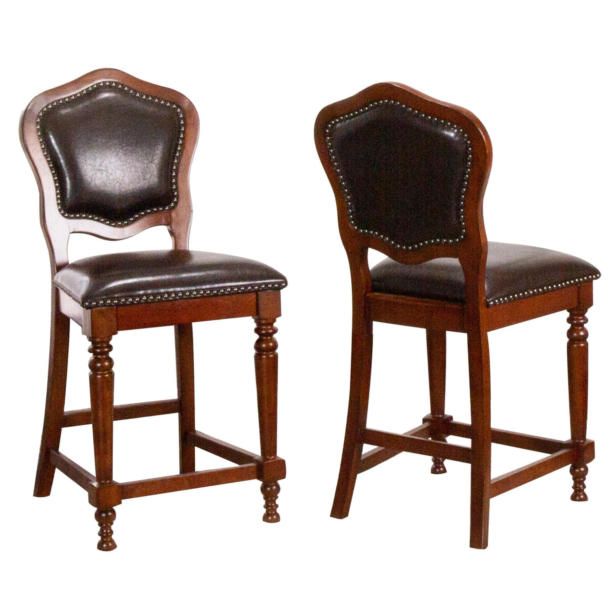 Queen Anne Style Brown Cherry Wood & Faux Leather Barstools (Set of 2)