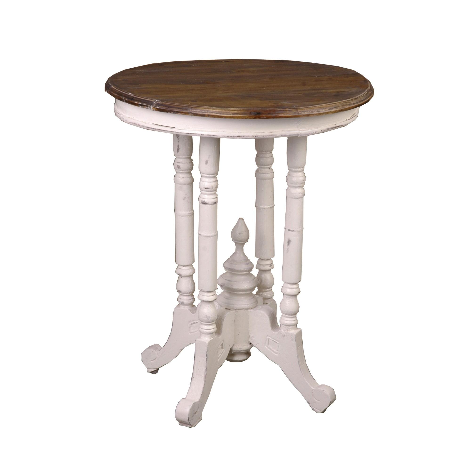 Cottage Charm Round End Table in Distressed White and Brown