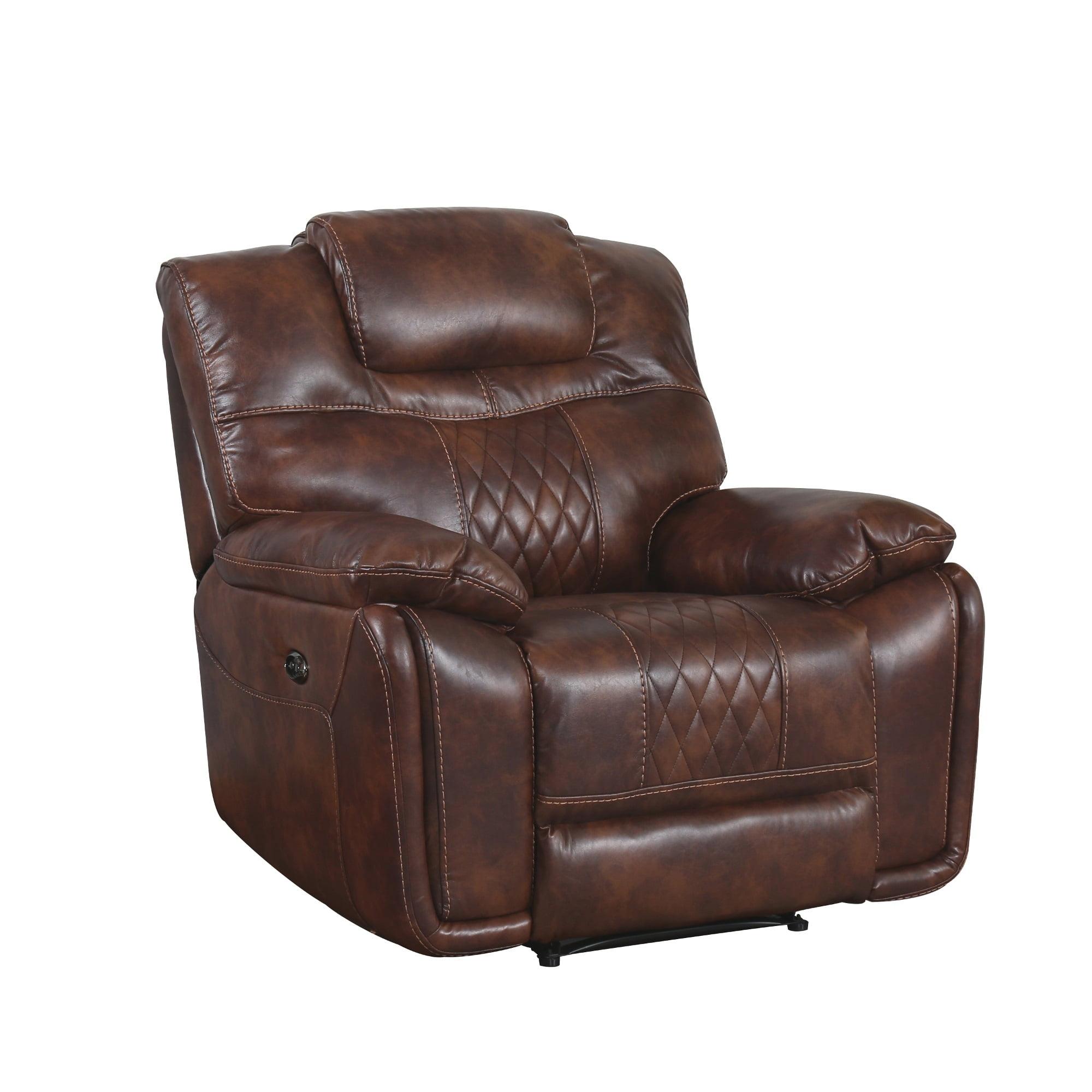Traditional Brown Leather Recliner with Wood Frame and USB Port