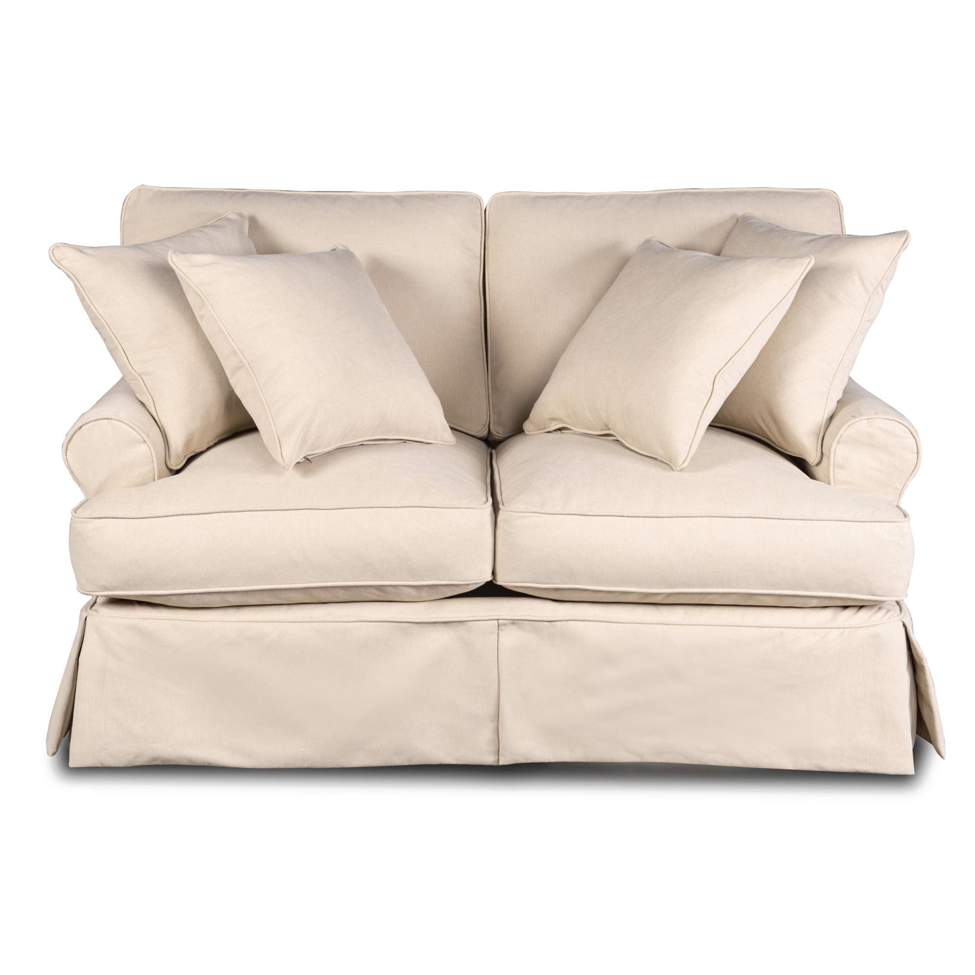 Tan Linen Fabric Slipcovered Loveseat with Rolled Arms and Down Fill