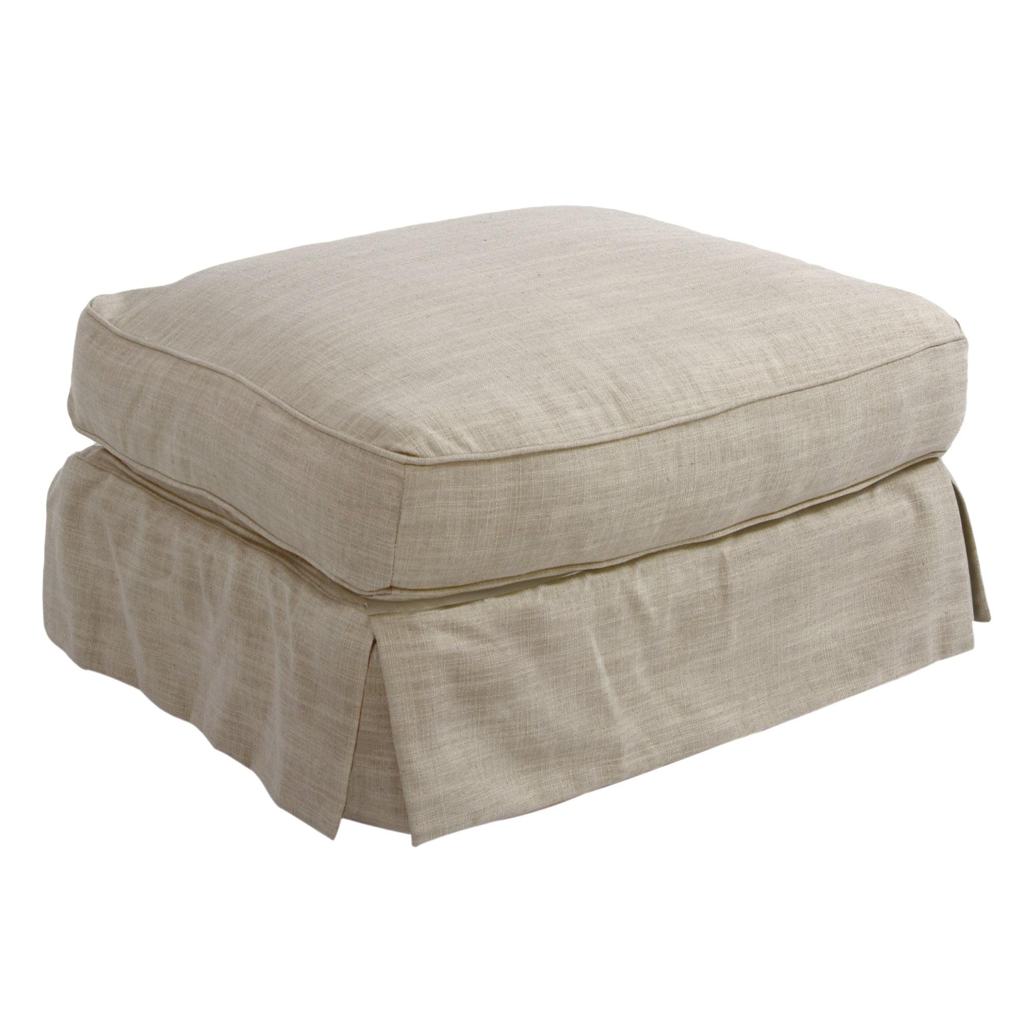 Linen Beige Slipcovered Ottoman with Hardwood Frame