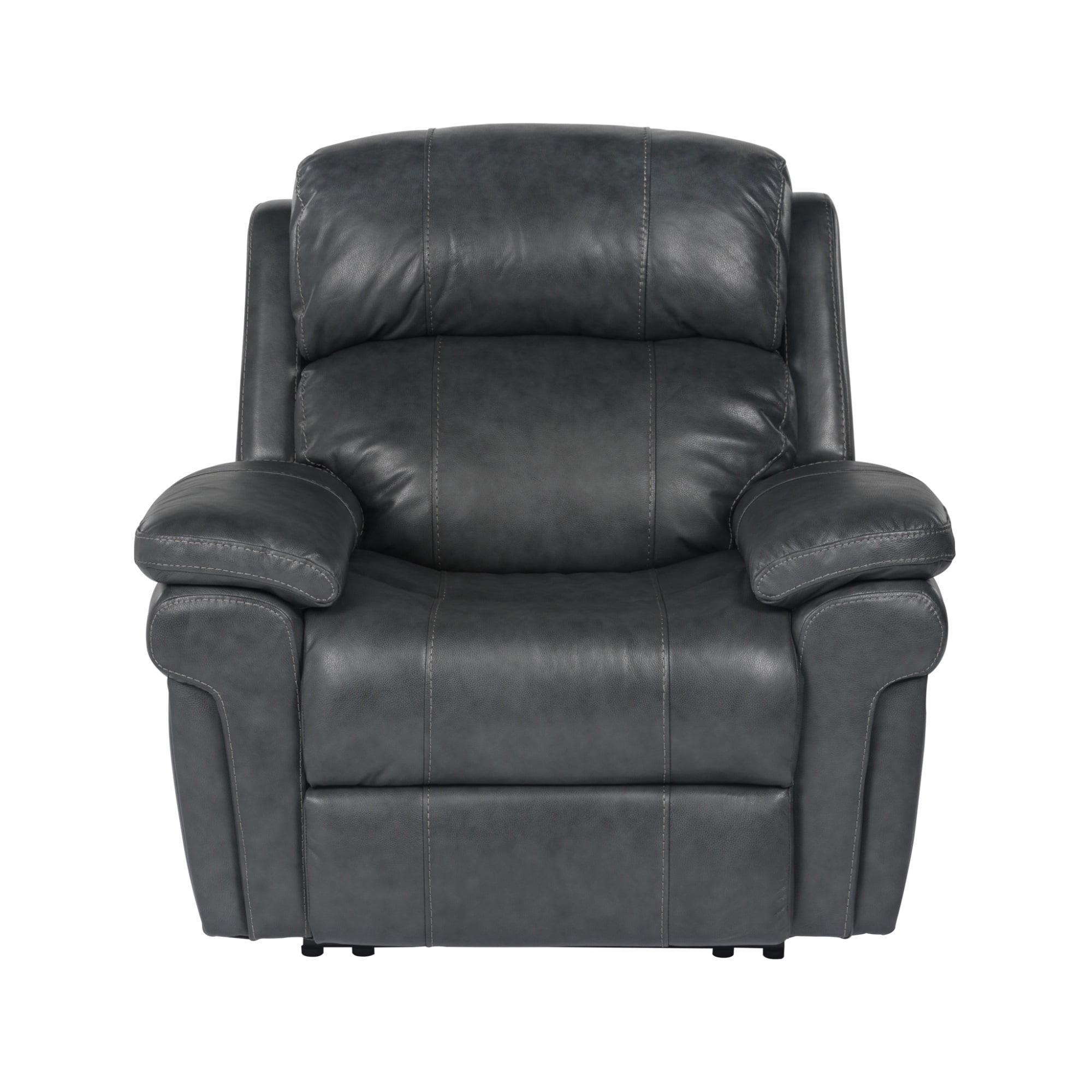 Traditional Gray Leather Power Recliner with Wood Accents