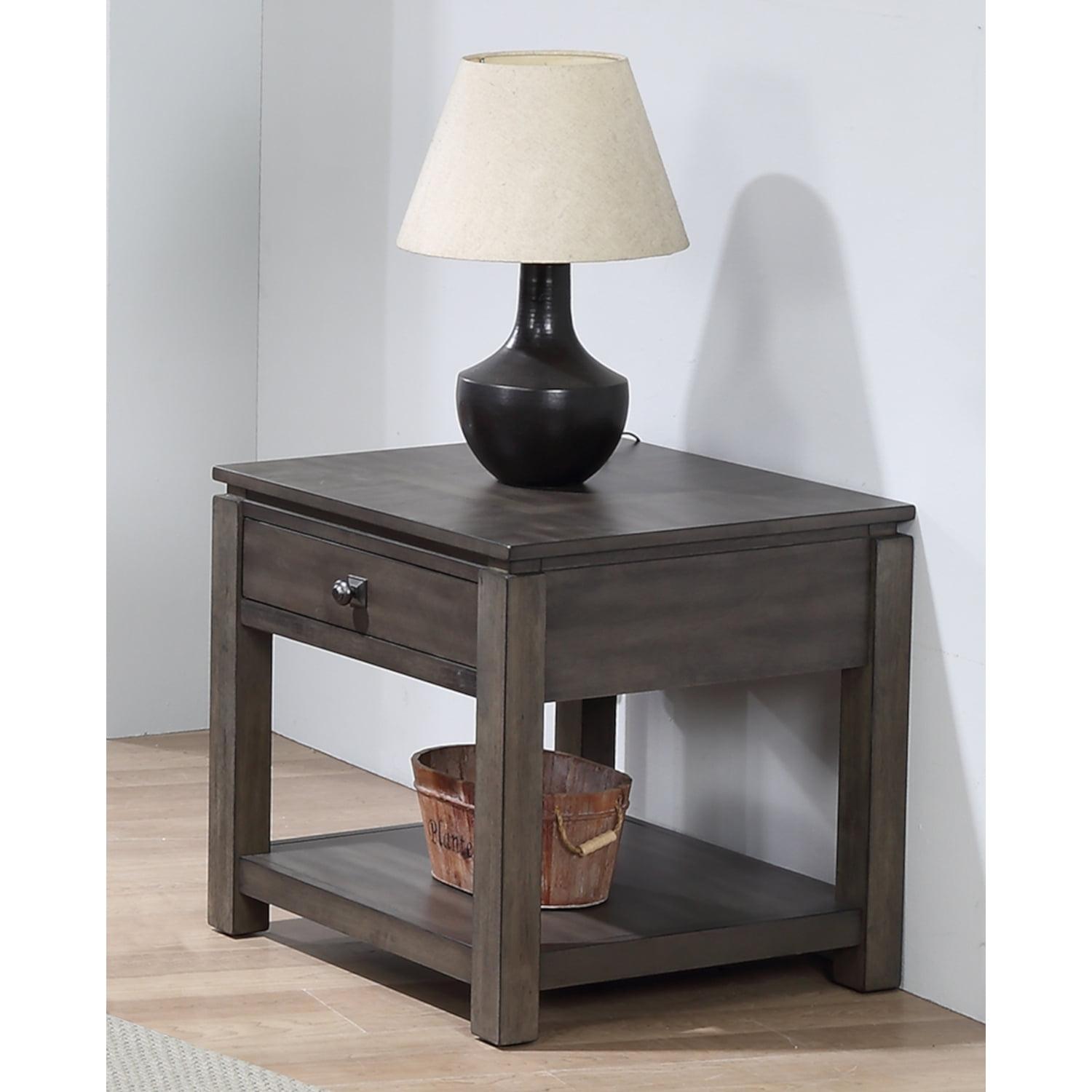 Traditional Gray Wood & Metal End Table with Drawer and Shelf