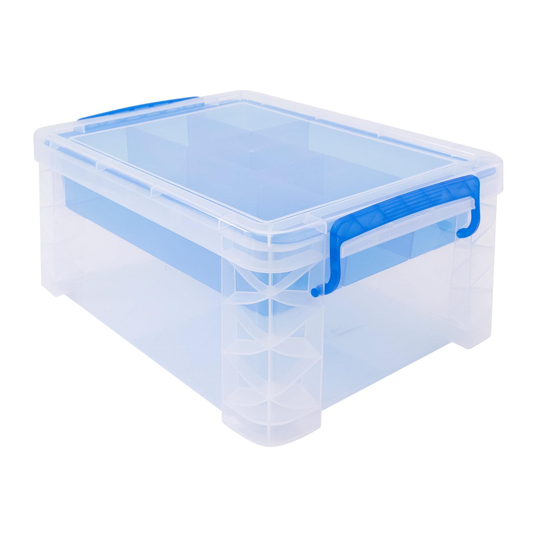 Clear and Blue Plastic Stackable Lidded Storage Box with Dividers