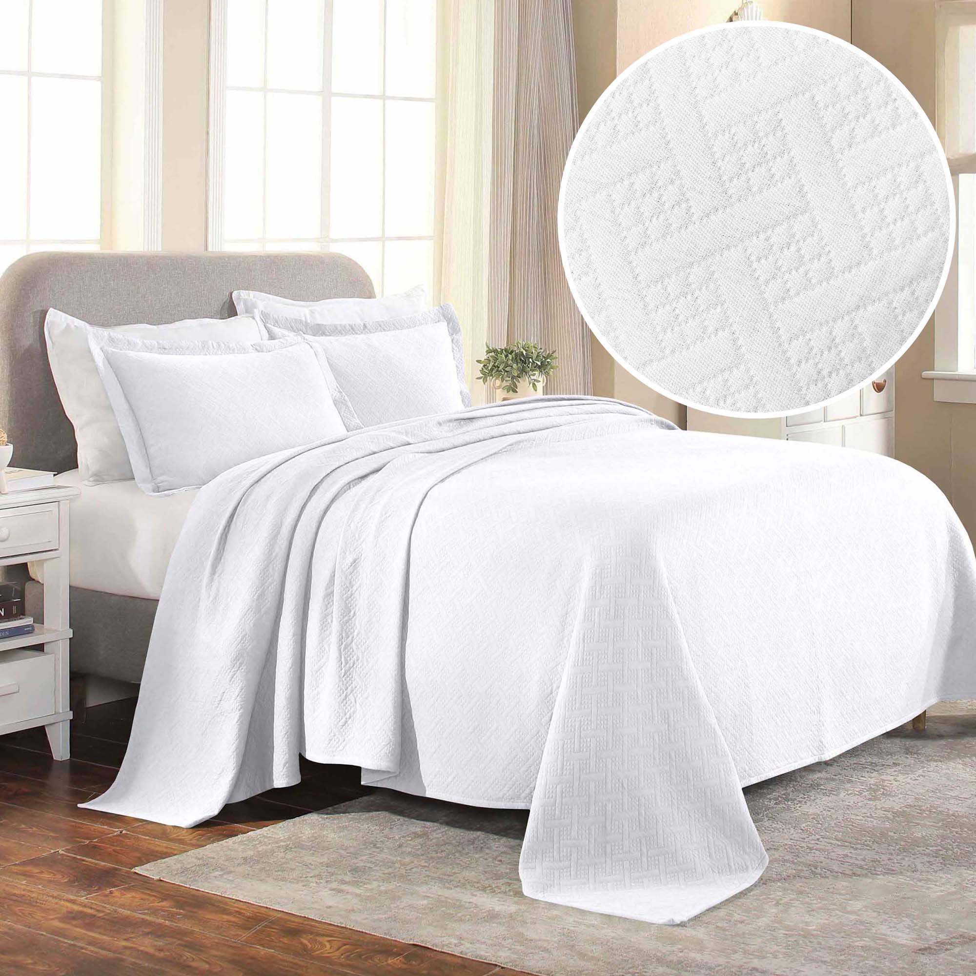 Elegant Full-Sized White Cotton Basket Weave 3-Piece Bedspread Set