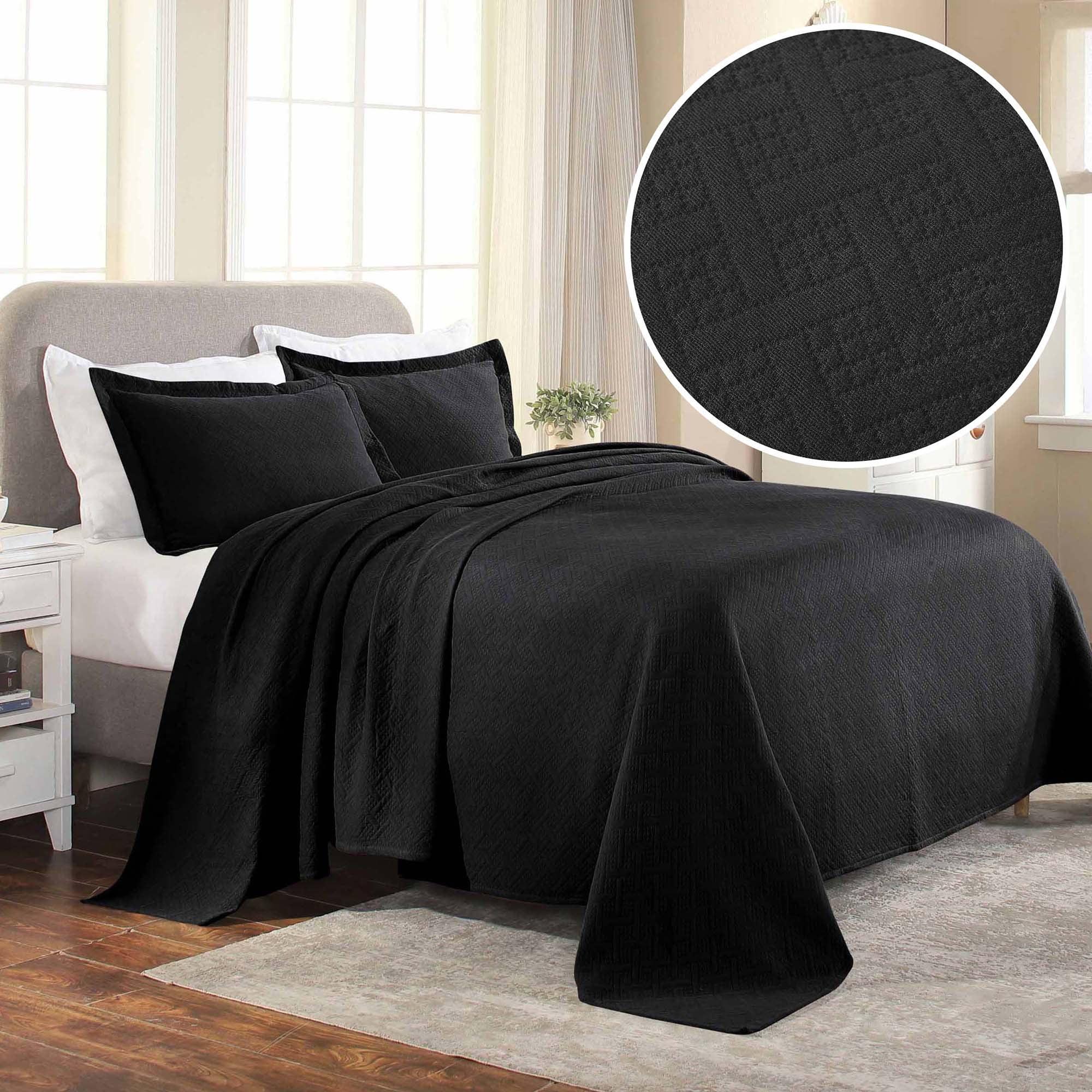 Superior 100% Cotton Basket Weave Bedspread 3 Piece Set, Queen, Black