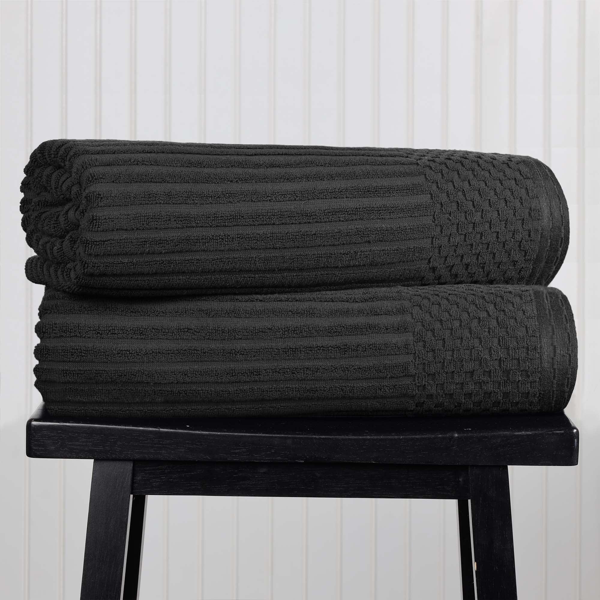 Oversized Black Cotton Ribbed Checkered Bath Sheet Set