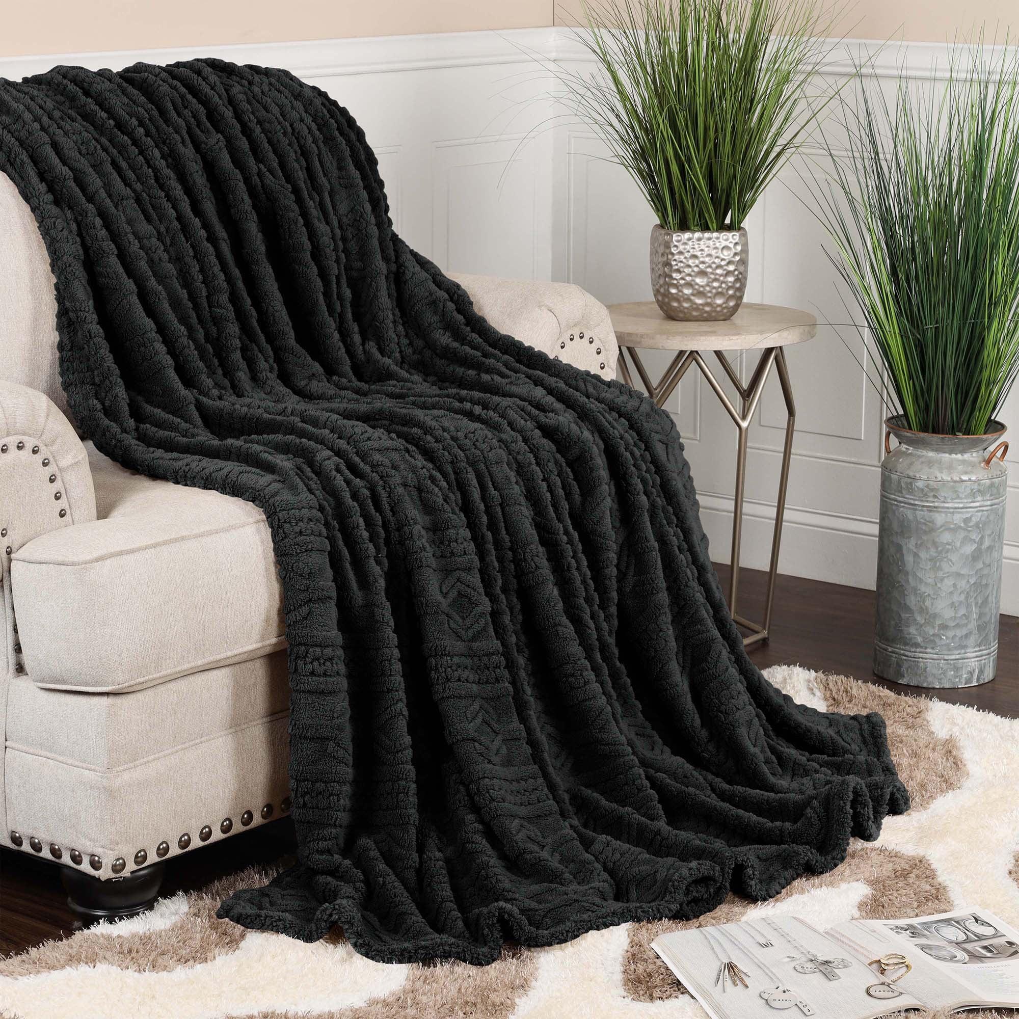 Superior Arctic Fleece Boho Knit Jacquard Blanket, Throw XL, Black