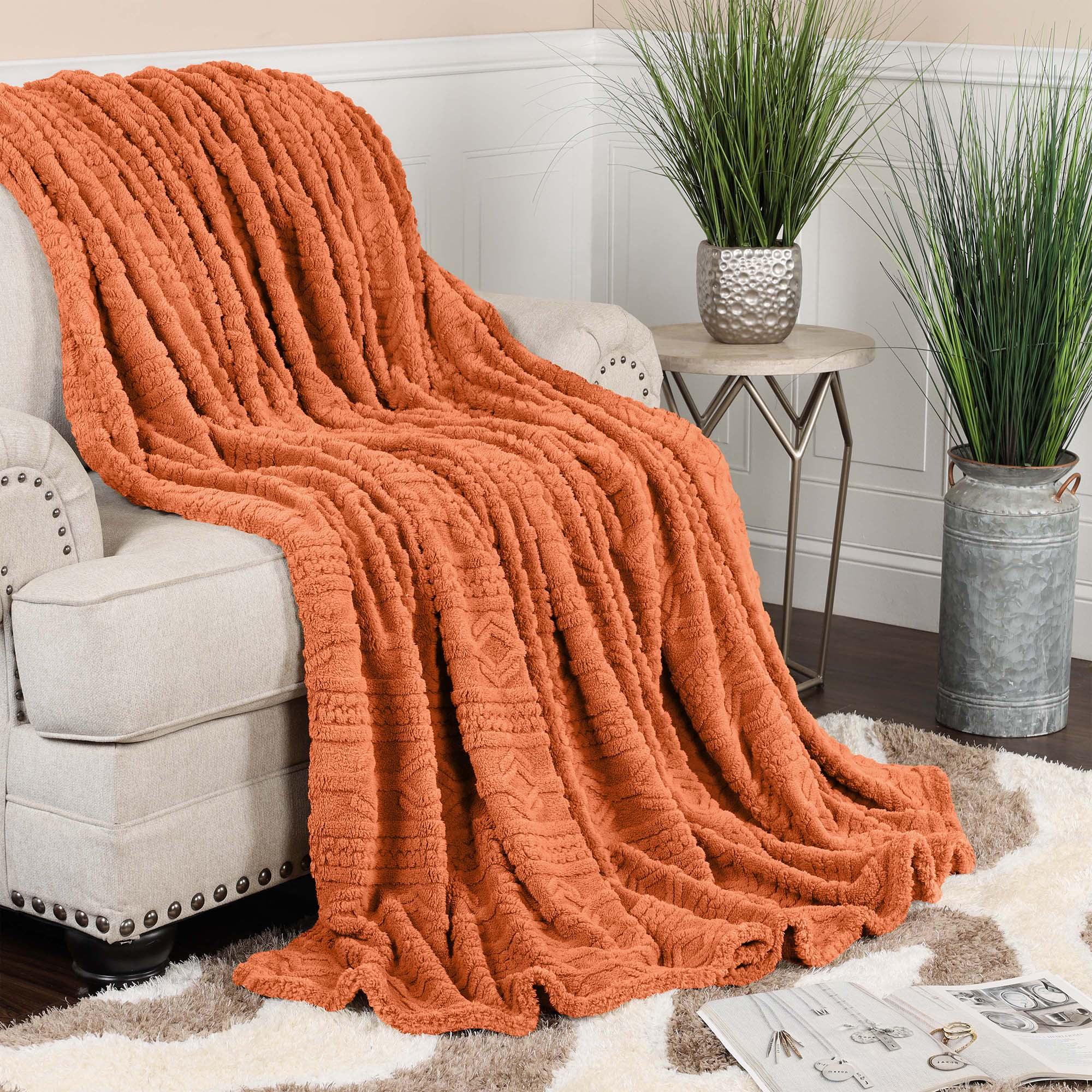 Superior Arctic Fleece Boho Knit Jacquard Blanket, Throw XL, Dusty Orange