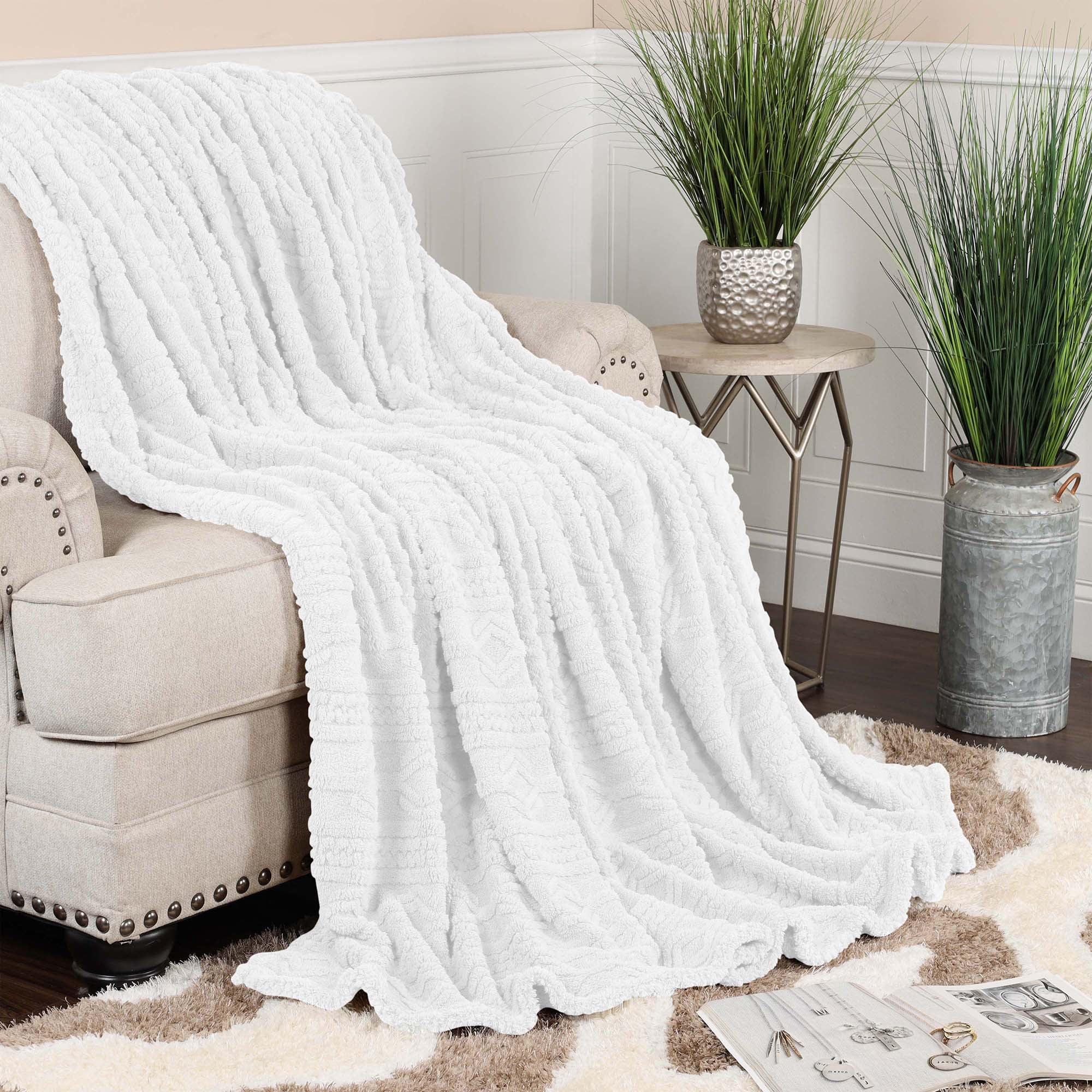 Superior Arctic Fleece Boho Knit Jacquard Blanket, Throw XL, White