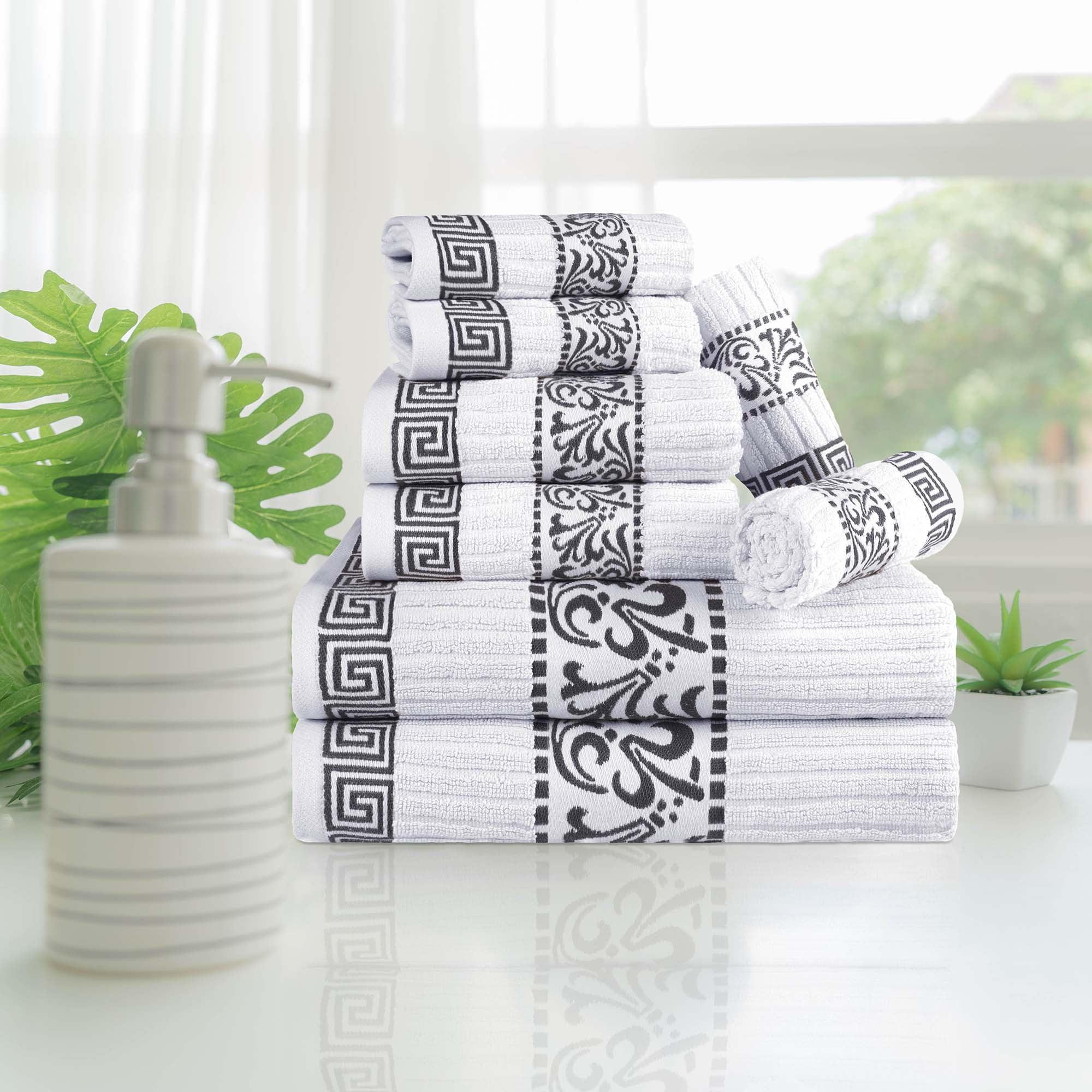 Superior Athens Cotton Medium Weight Floral Border Greek Key Trim 8 Piece Assorted Towel Set by Superior