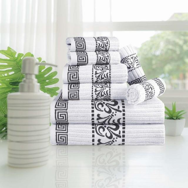Superior Athens Cotton Medium Weight Floral Border Greek Key Trim 8 Piece Assorted Towel Set by Superior