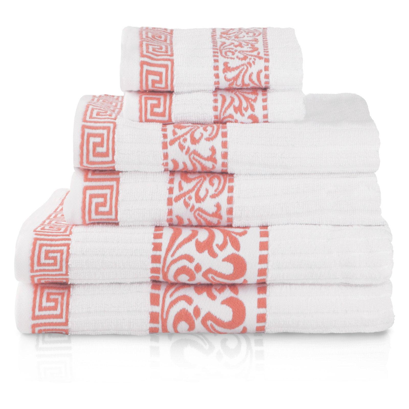 White and Coral Cotton 6-Piece Quick Dry Towel Set