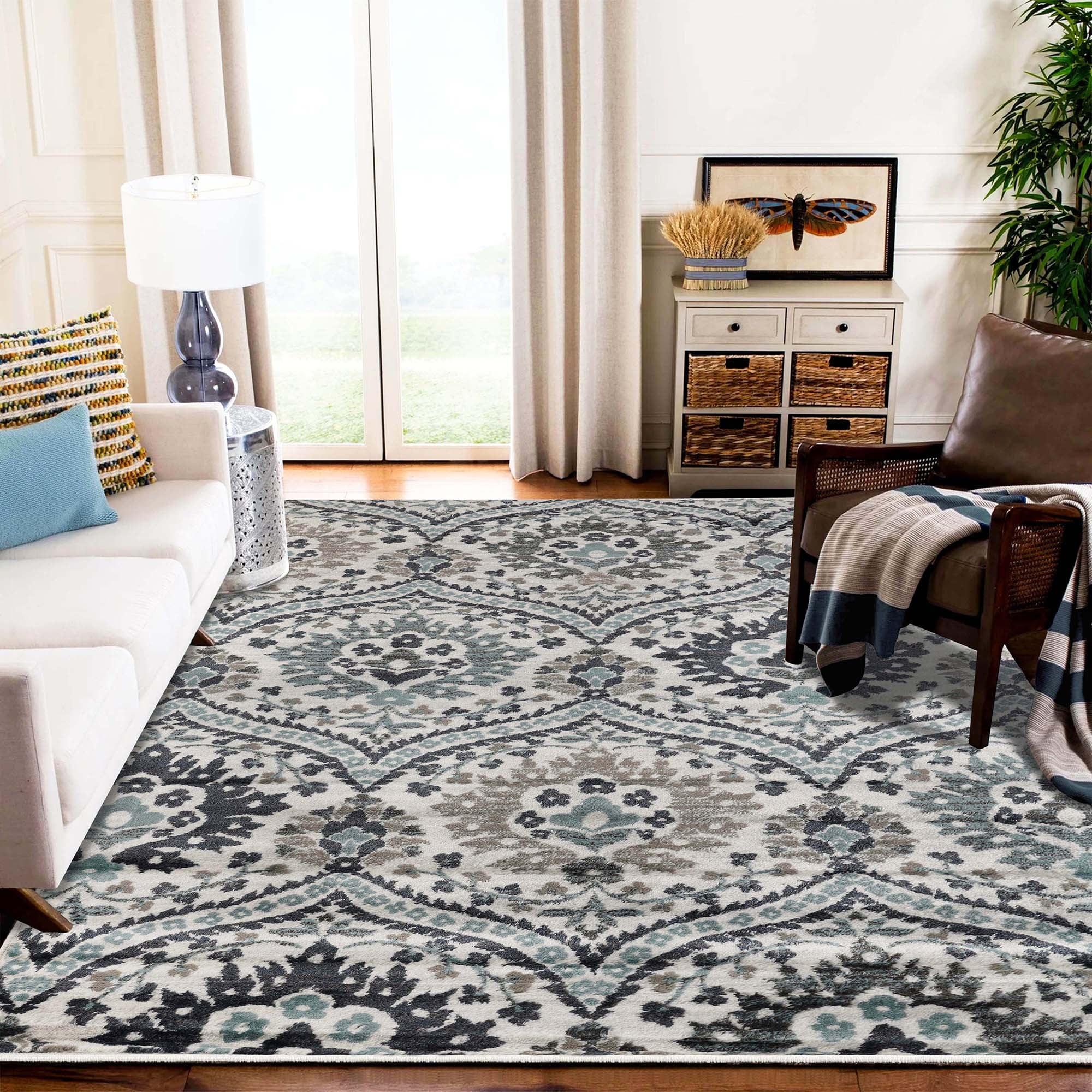 Augusta Deep Royal 4' x 6' Floral Damask Synthetic Area Rug