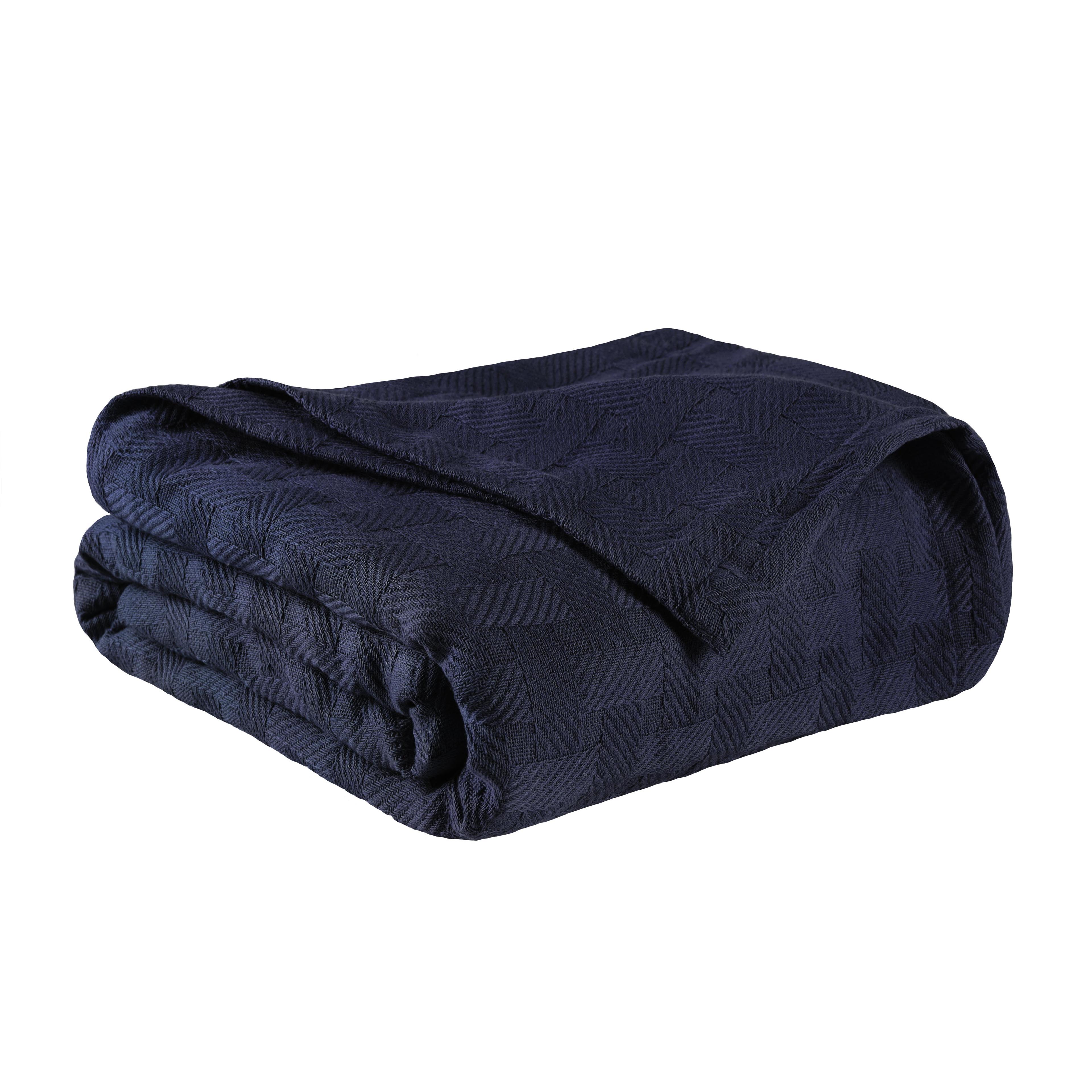 Superior Basketweave Cotton Blanket, Full/Queen, Navy Blue