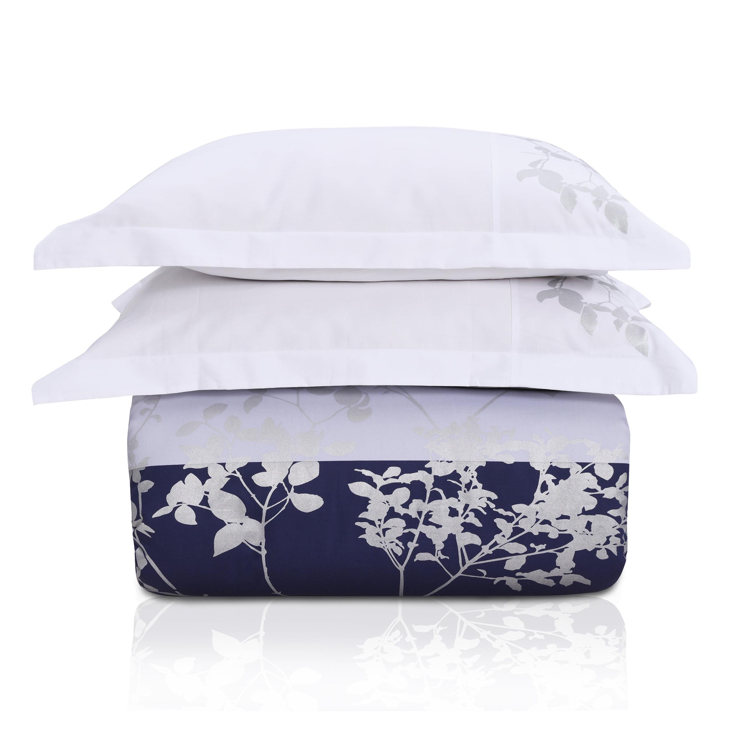 Full/Queen Blue Cotton Sateen Duvet Cover Set with Leaf Pattern