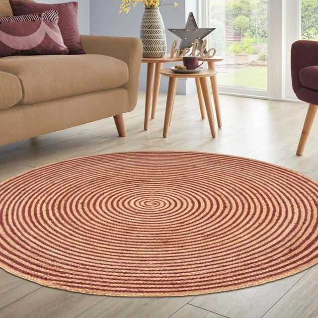 Superior Braided Jute Handwoven Indoor Outdoor Area Rug, 8' Round, Burgundy