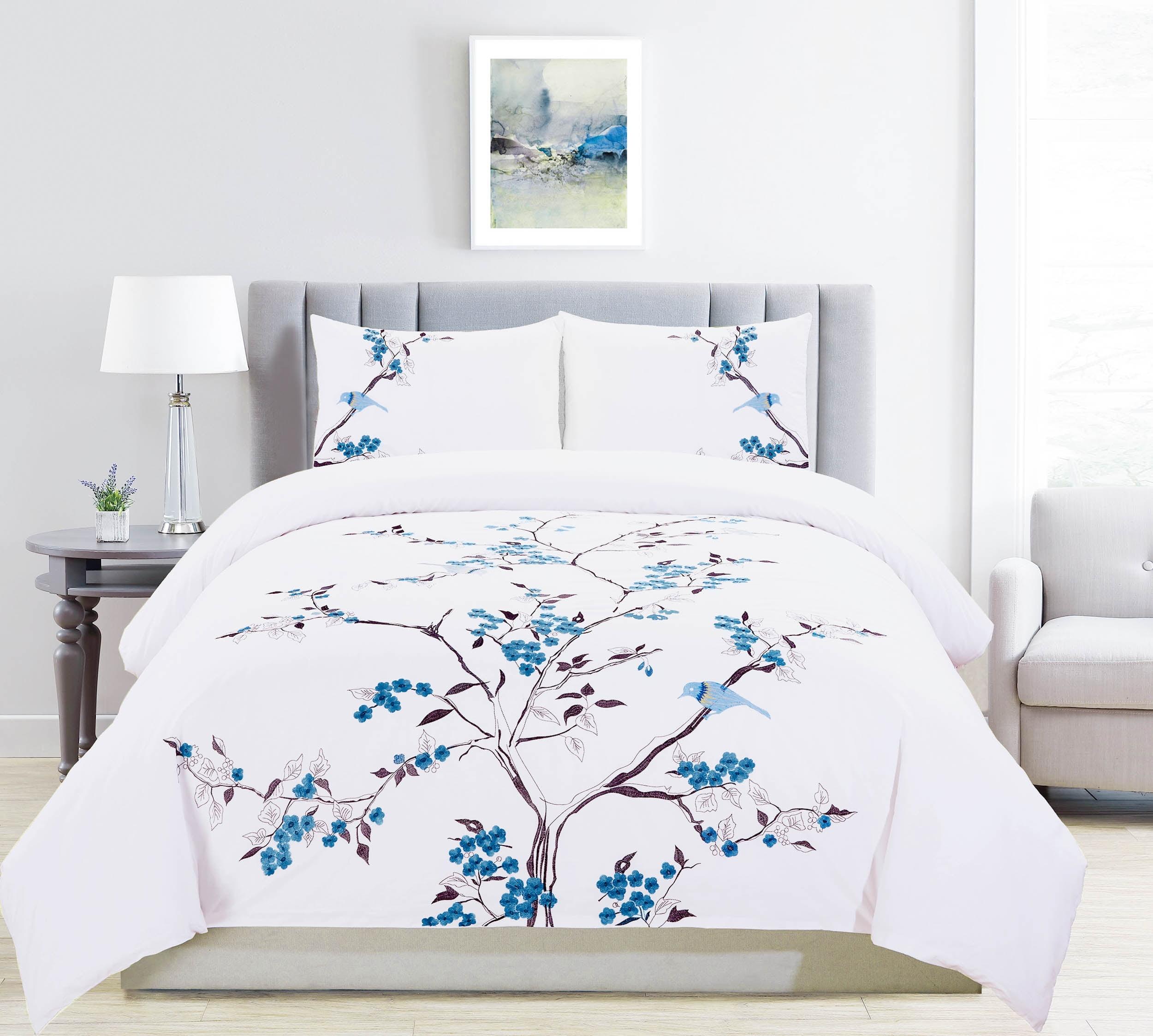 Superior Blue Floral Embroidered Cotton King Duvet Cover Set