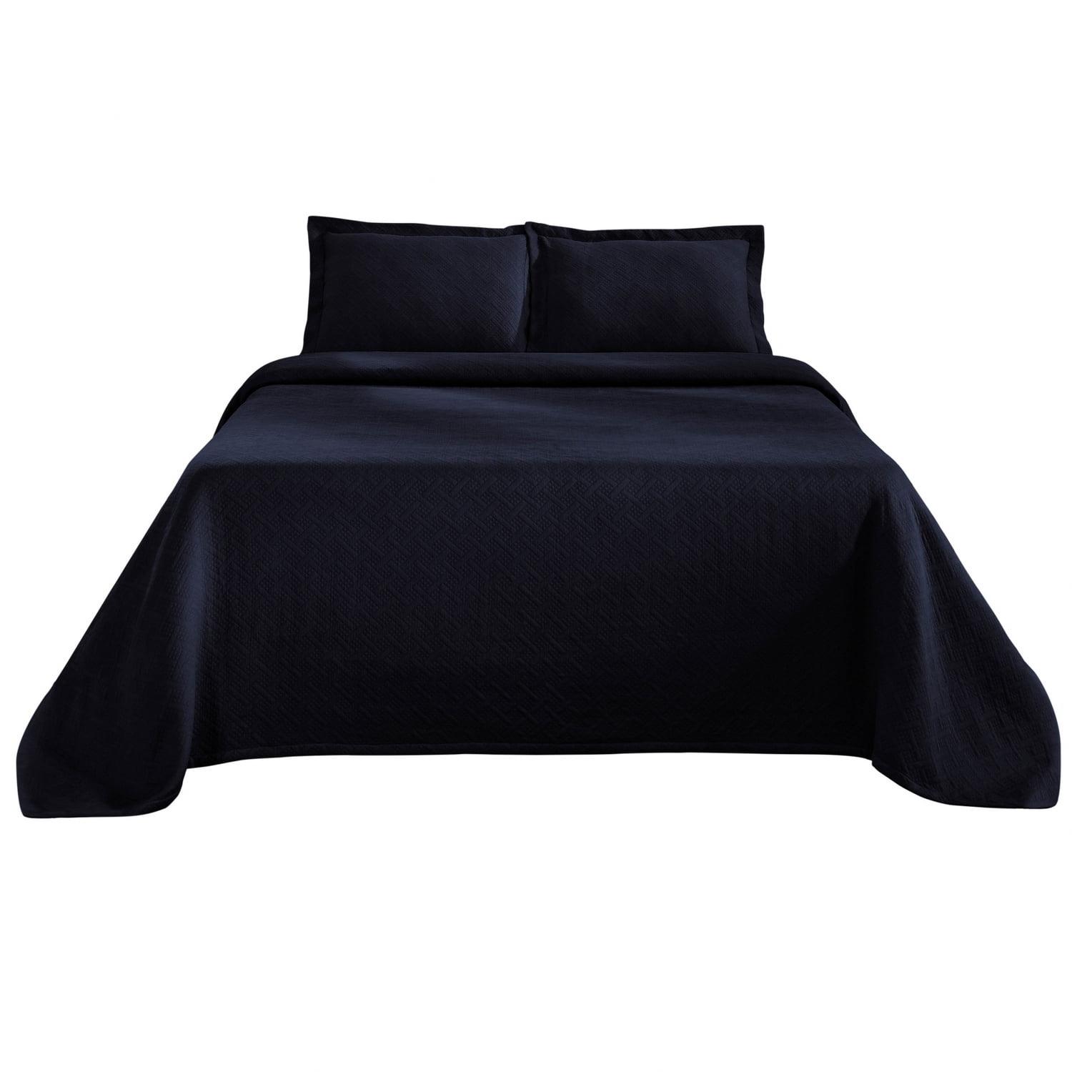 Elegant Navy Blue Cotton Basketweave Queen Bedspread Set