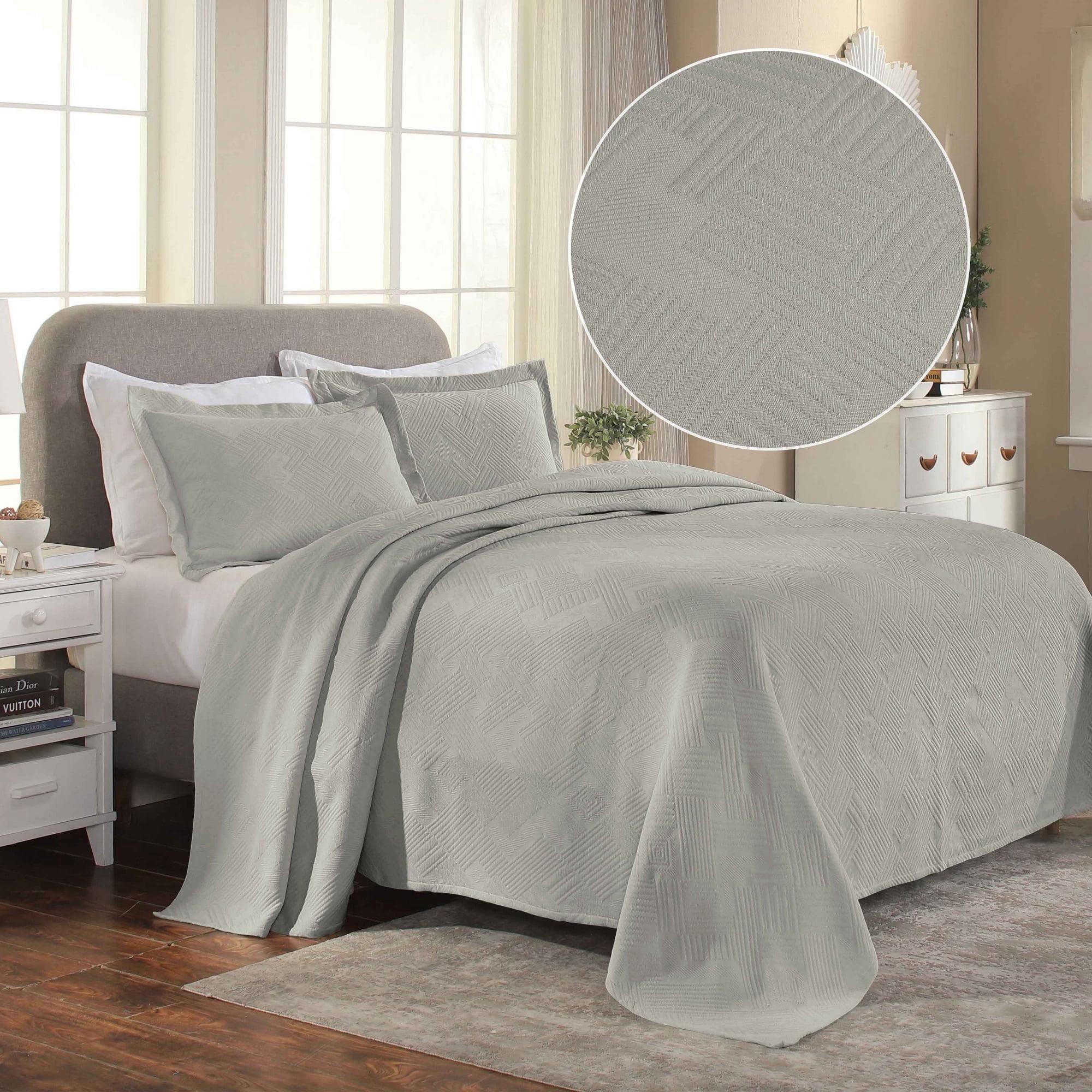 Superior Cotton Jacquard Geometric Bedspread Set Of 3 Pieces, Twin, Platinum