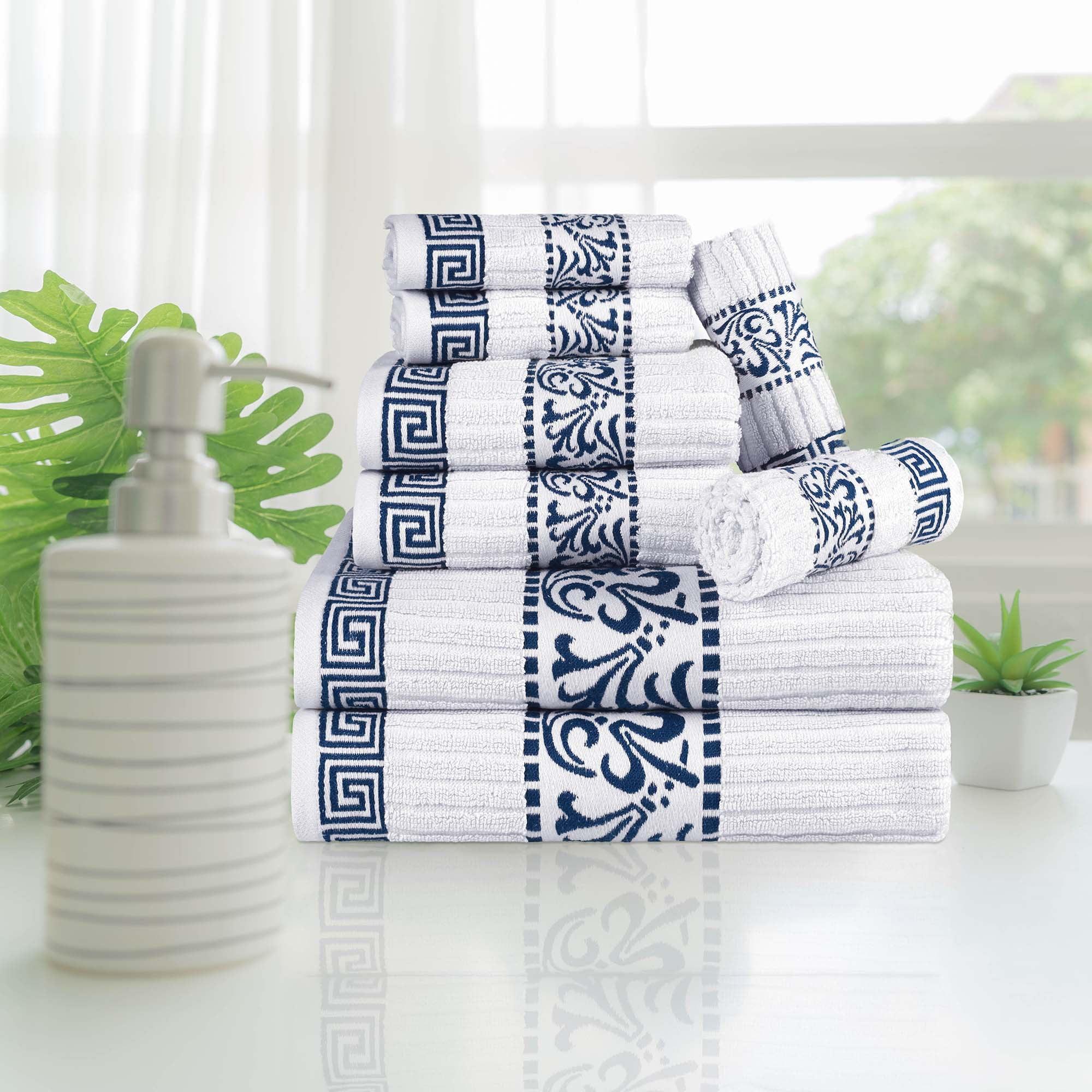 Superior Athens Cotton Medium Weight Floral Border Greek Key Trim 8 Piece Assorted Towel Set by Superior