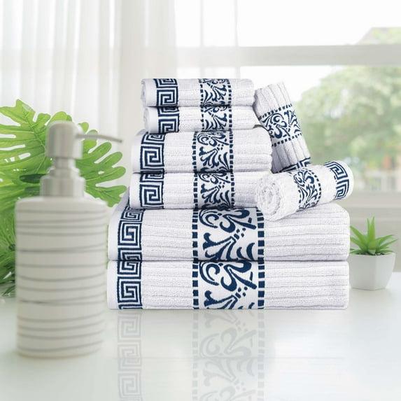 Superior Athens Cotton Medium Weight Floral Border Greek Key Trim 8 Piece Assorted Towel Set by Superior