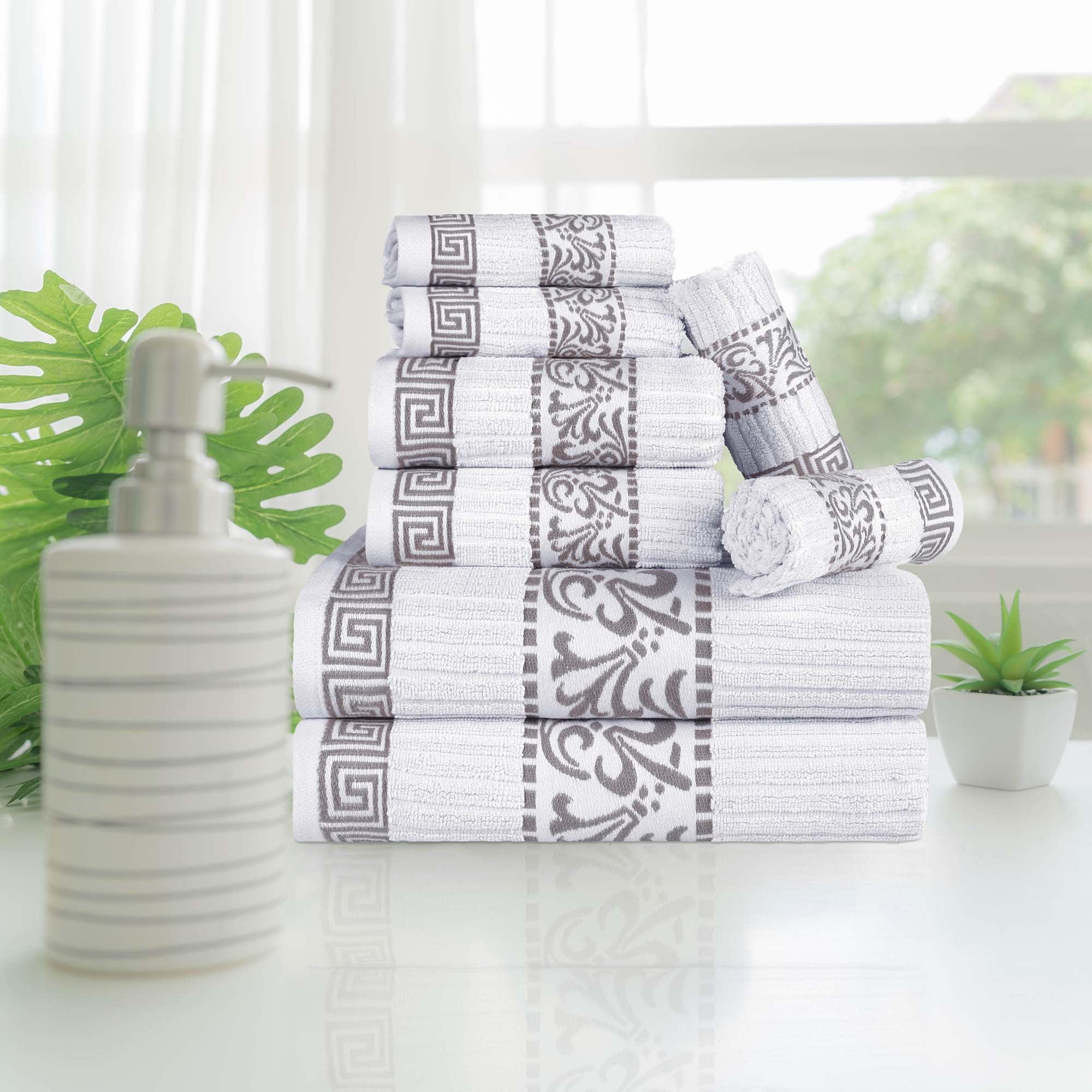 Superior Athens Cotton Medium Weight Floral Border Greek Key Trim 8 Piece Assorted Towel Set by Superior