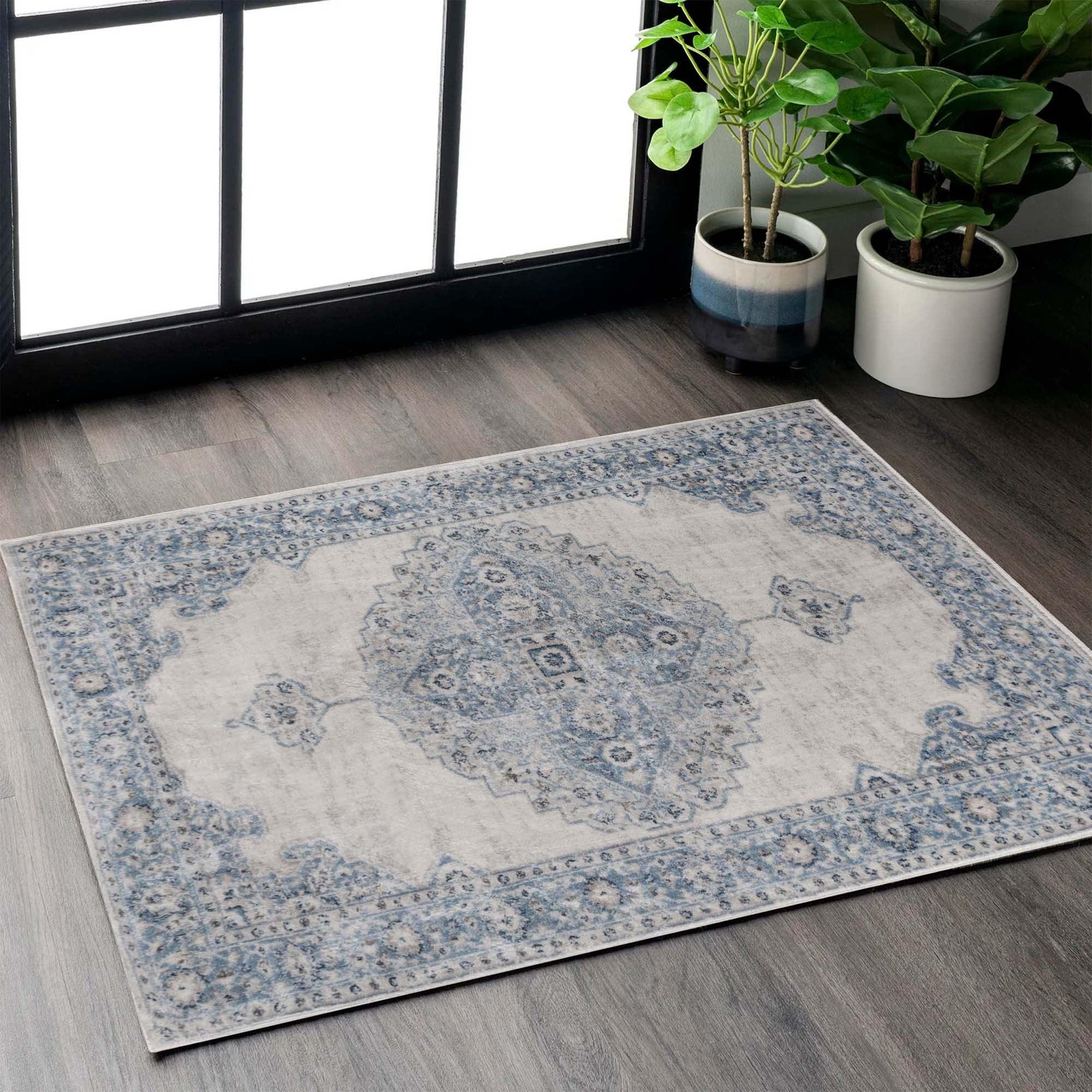 Blue Medallion Low Pile Rectangular Area Rug