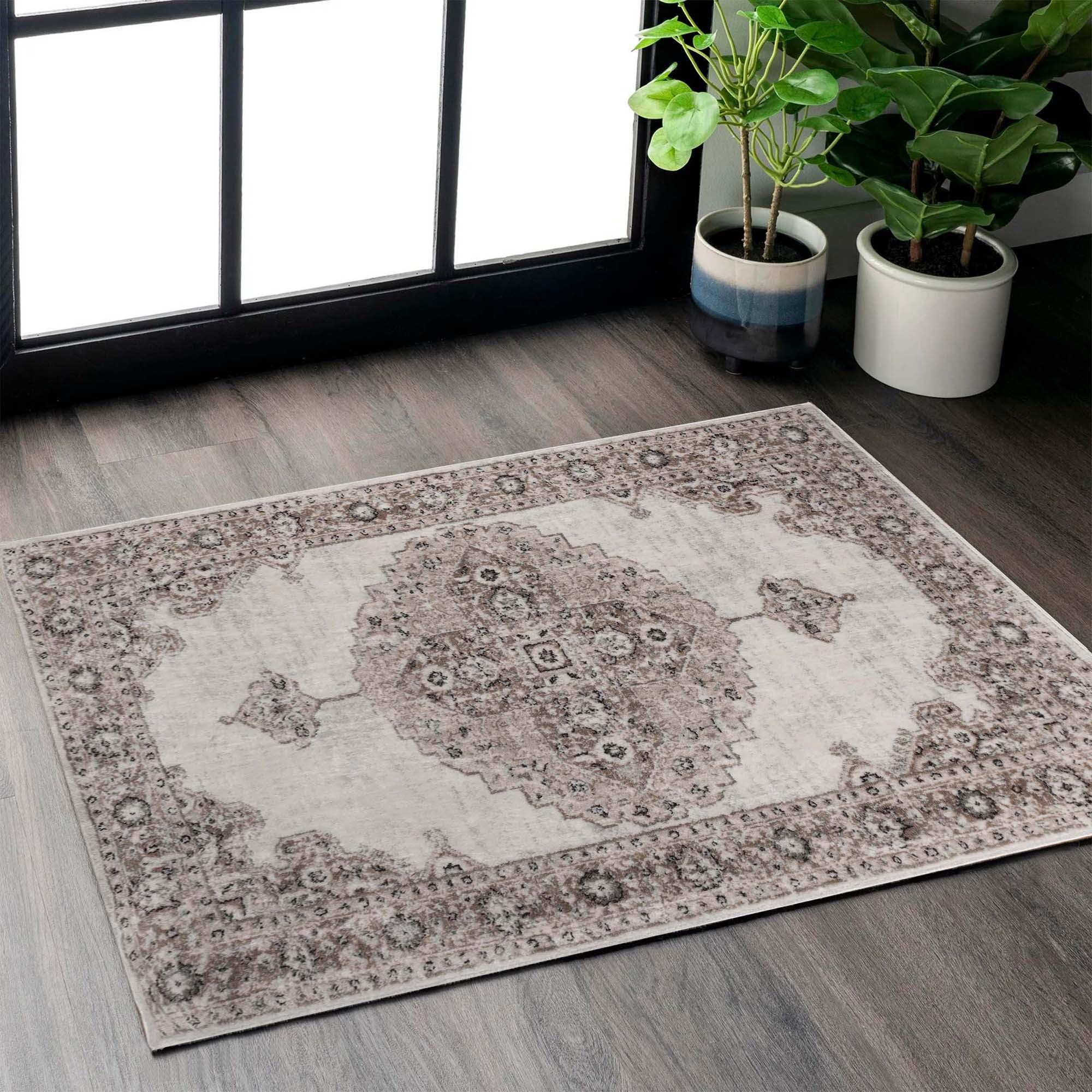 Taupe Medallion 5' x 7' Washable Synthetic Area Rug