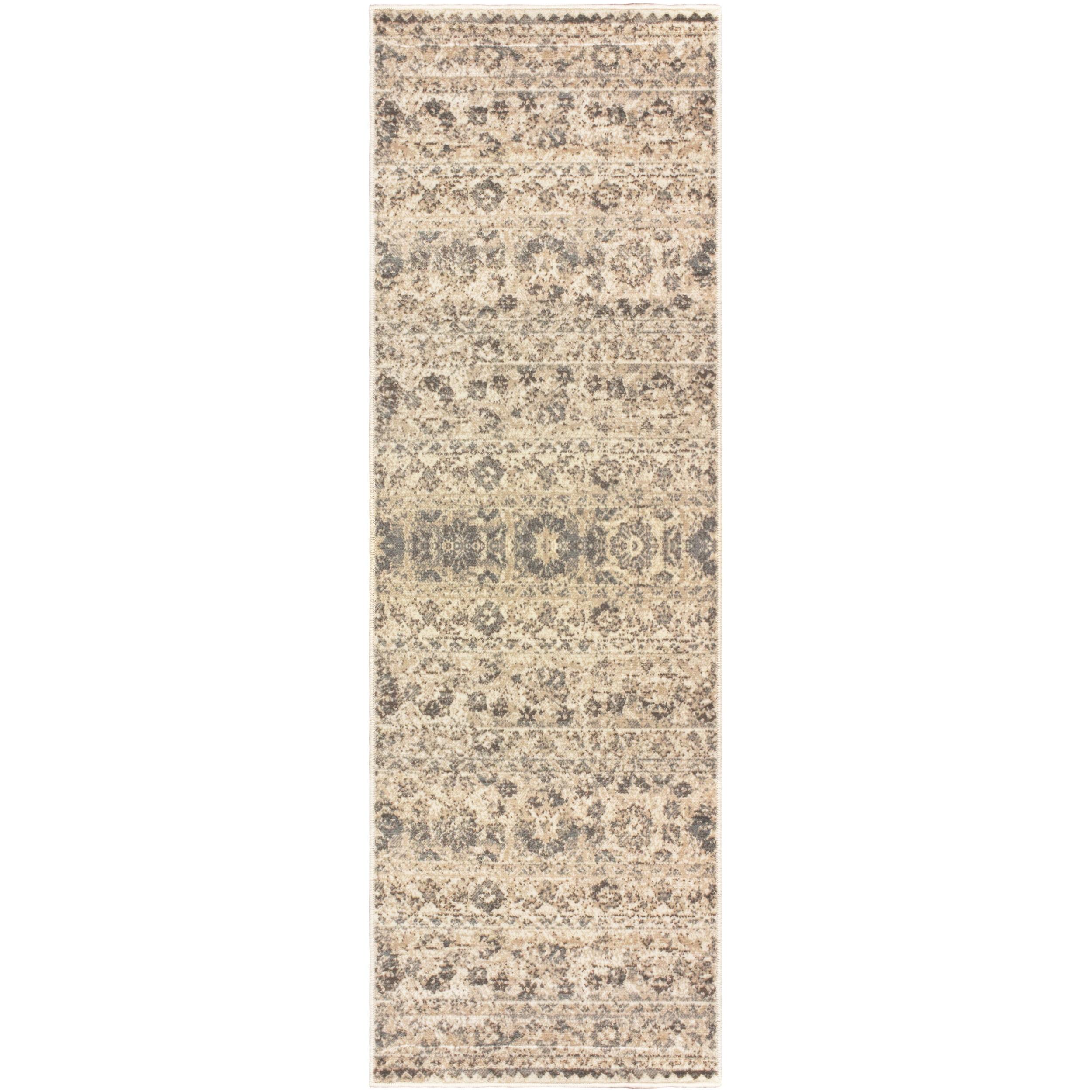 Beige Floral Synthetic Low Pile Runner Rug, 2.5x8 ft