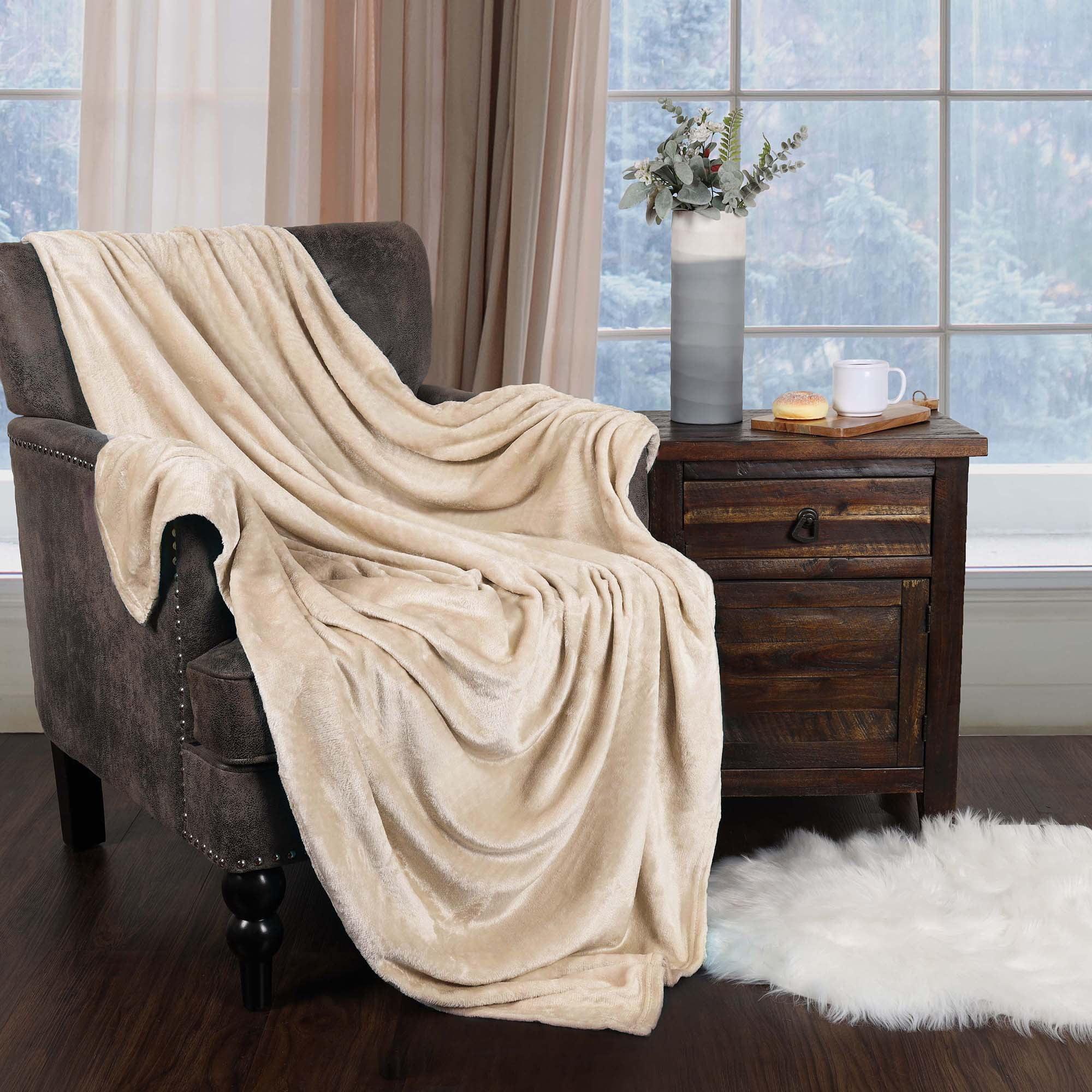 Superior Fleece Plush Fluffy Soft Blanket, Solid Linen, Throw