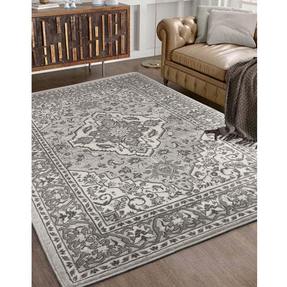 Rivulet Gray and White Synthetic Medallion Area Rug, 8' x 10'