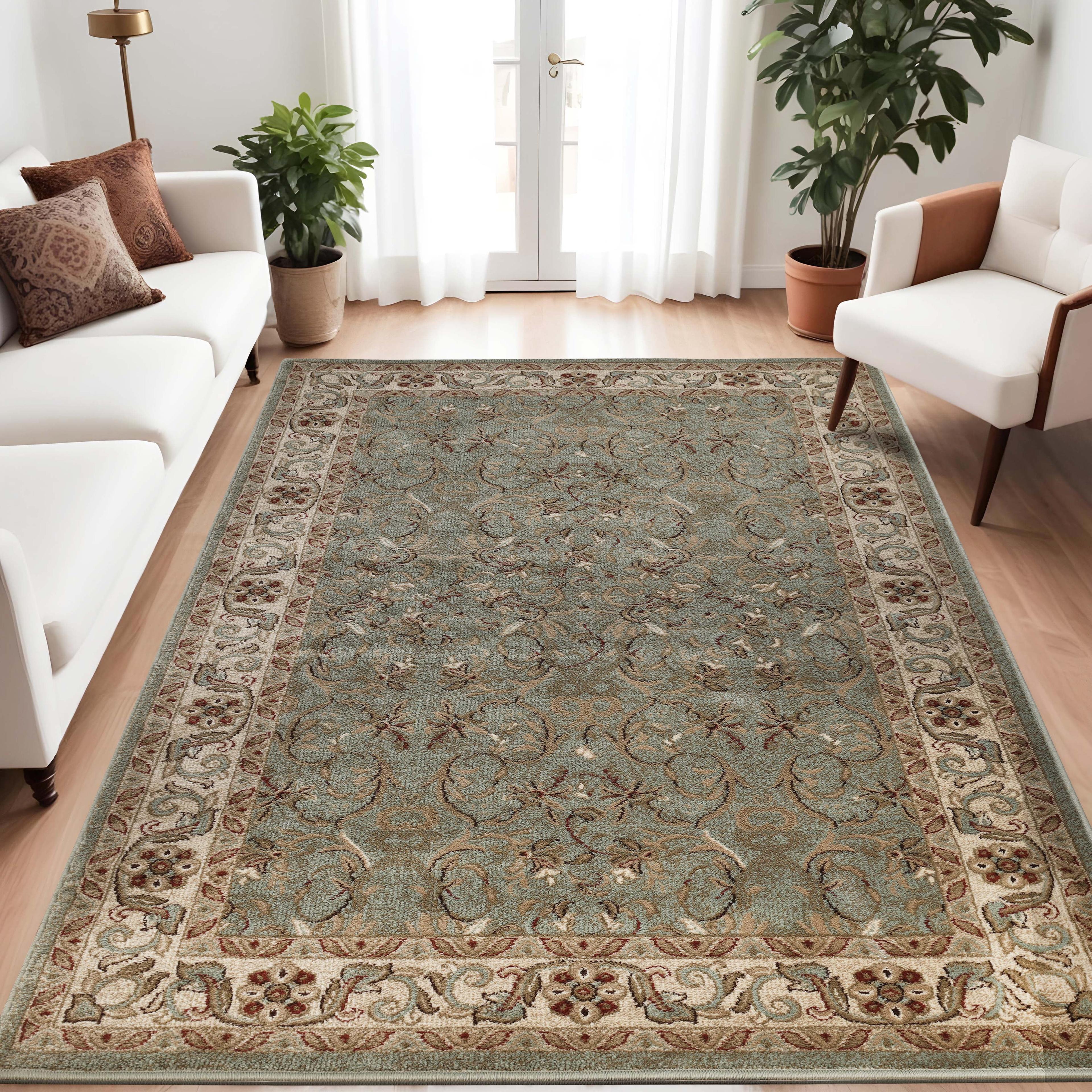Everina Traditional Oriental Floral Scroll Classic Vines Indoor Area Rug in Green