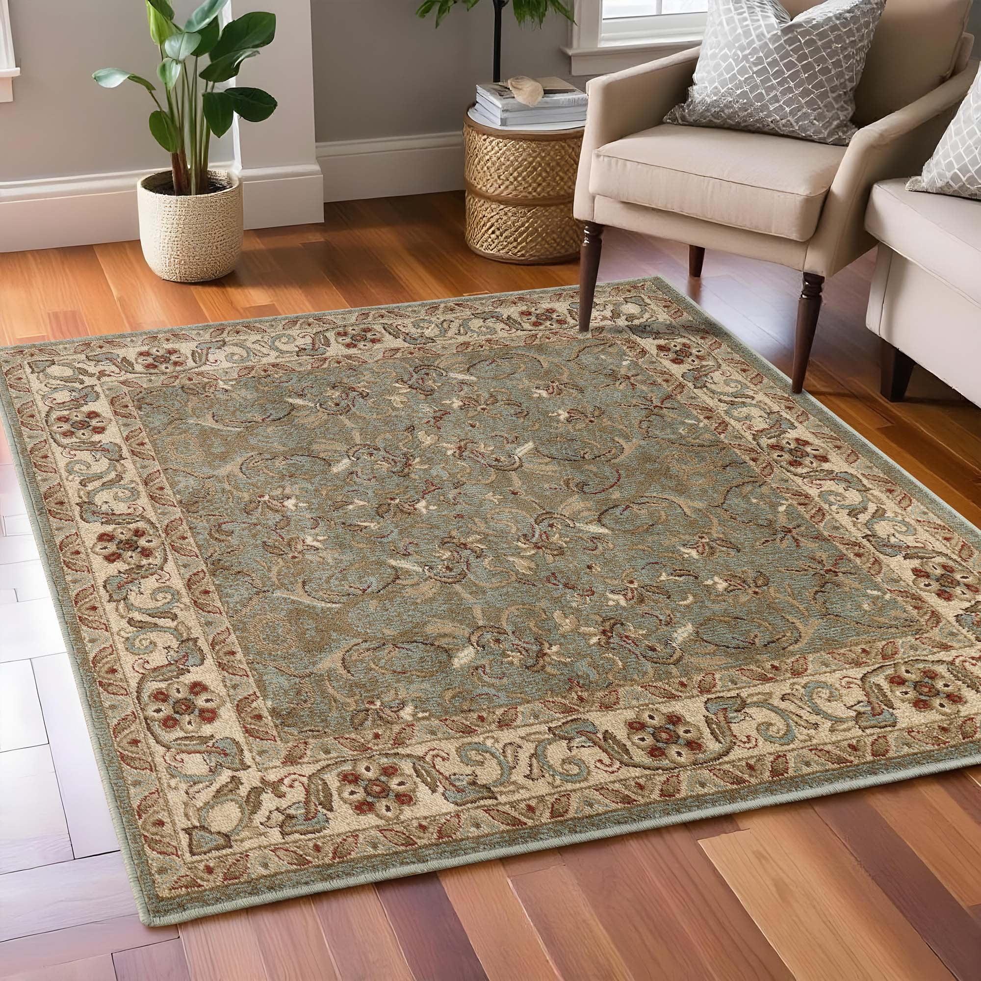 Traditional Oriental Floral Scroll Classic Vines Indoor Area Rug in Green
