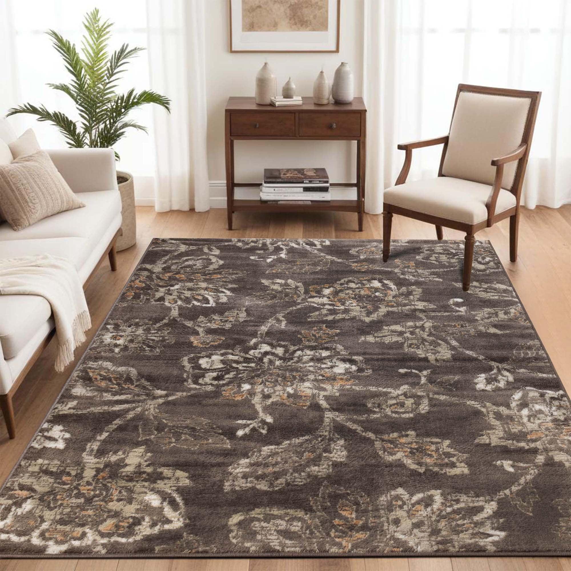 Taupe Floral Synthetic Stain-Resistant Area Rug, 8' x 10'