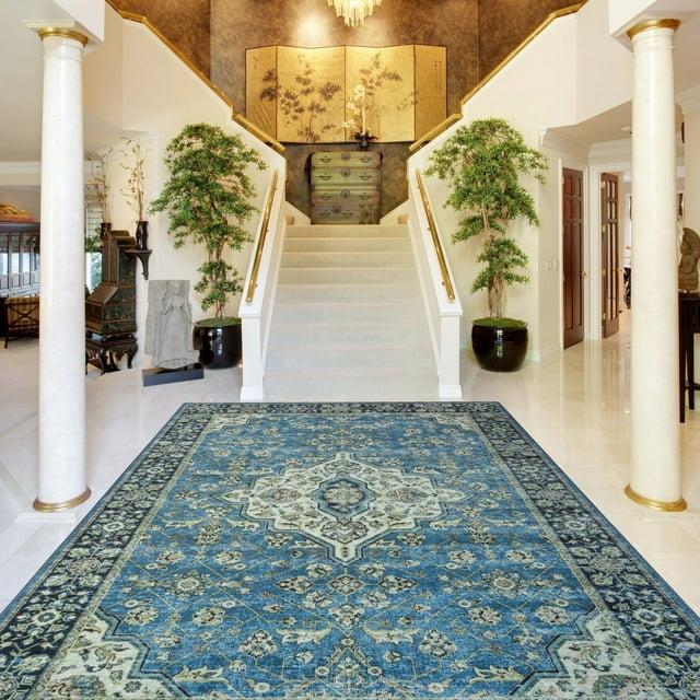 Vintage Distressed Floral Border Traditional Machine Washable Indoor Area Rug, 4' x 6', Blue - Blue Nile Mills