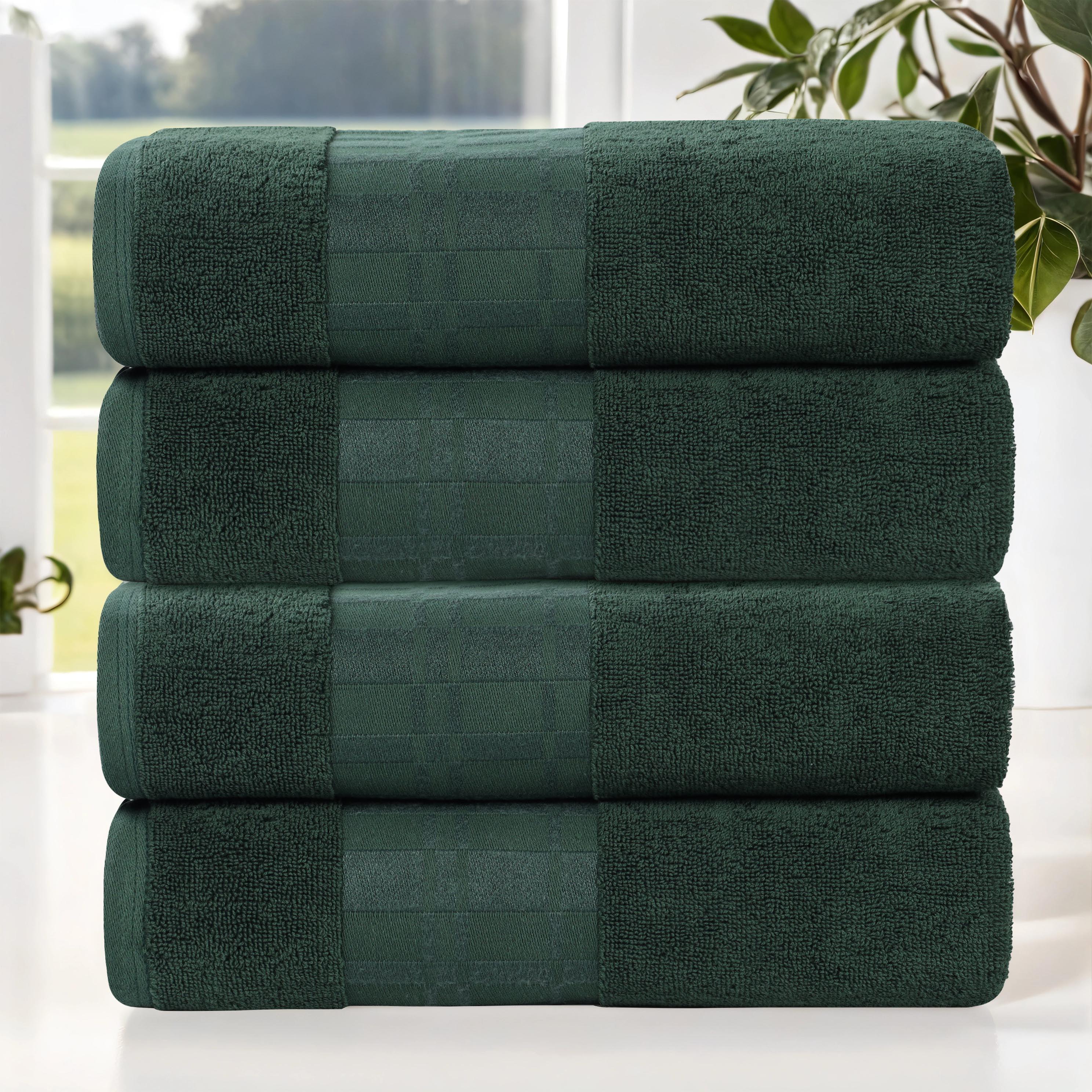 Forest Green Cotton Geometric Embroidered Bath Towel Set of 4