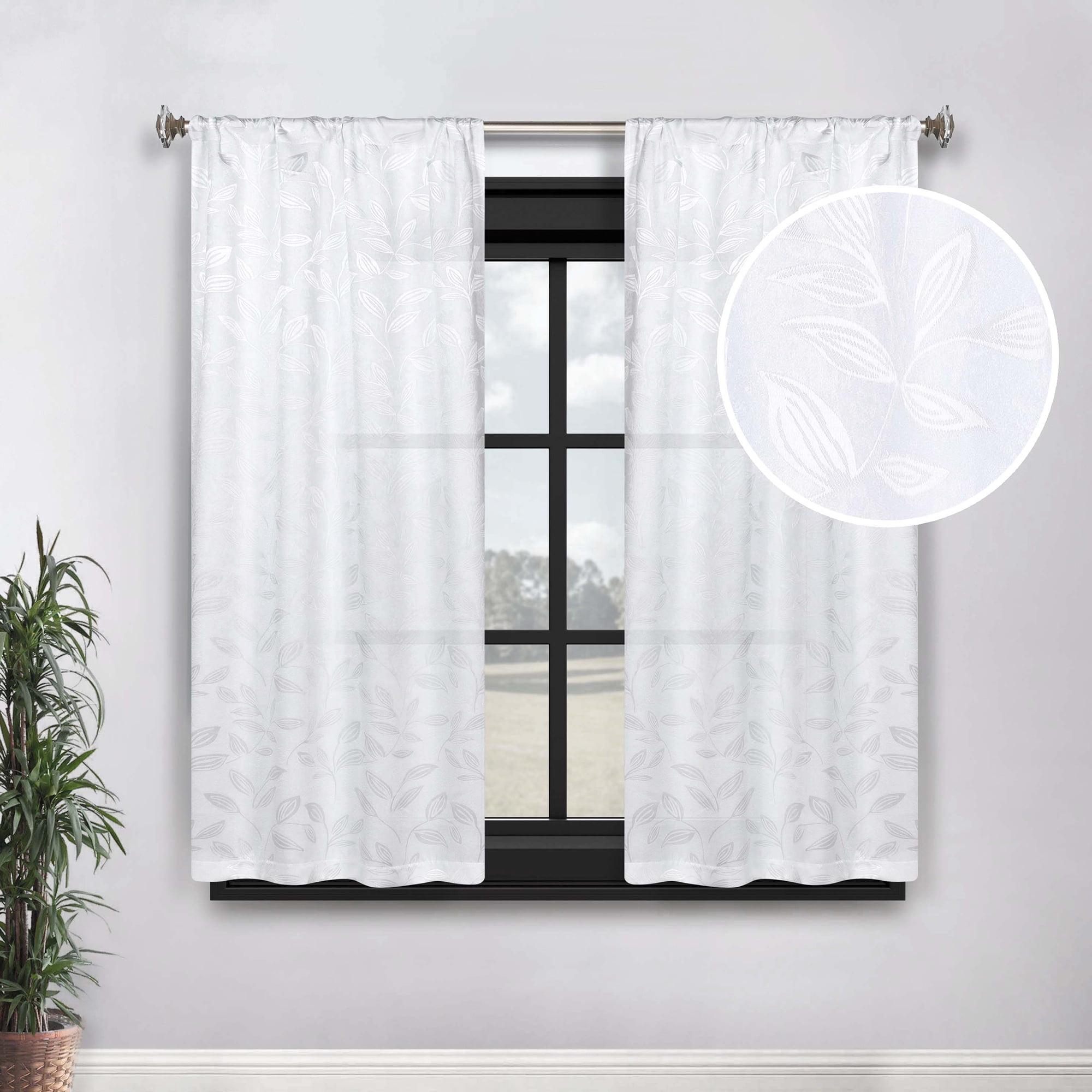 White Polyester Blackout Curtain Panels with Leaf Design, 26" x 63"