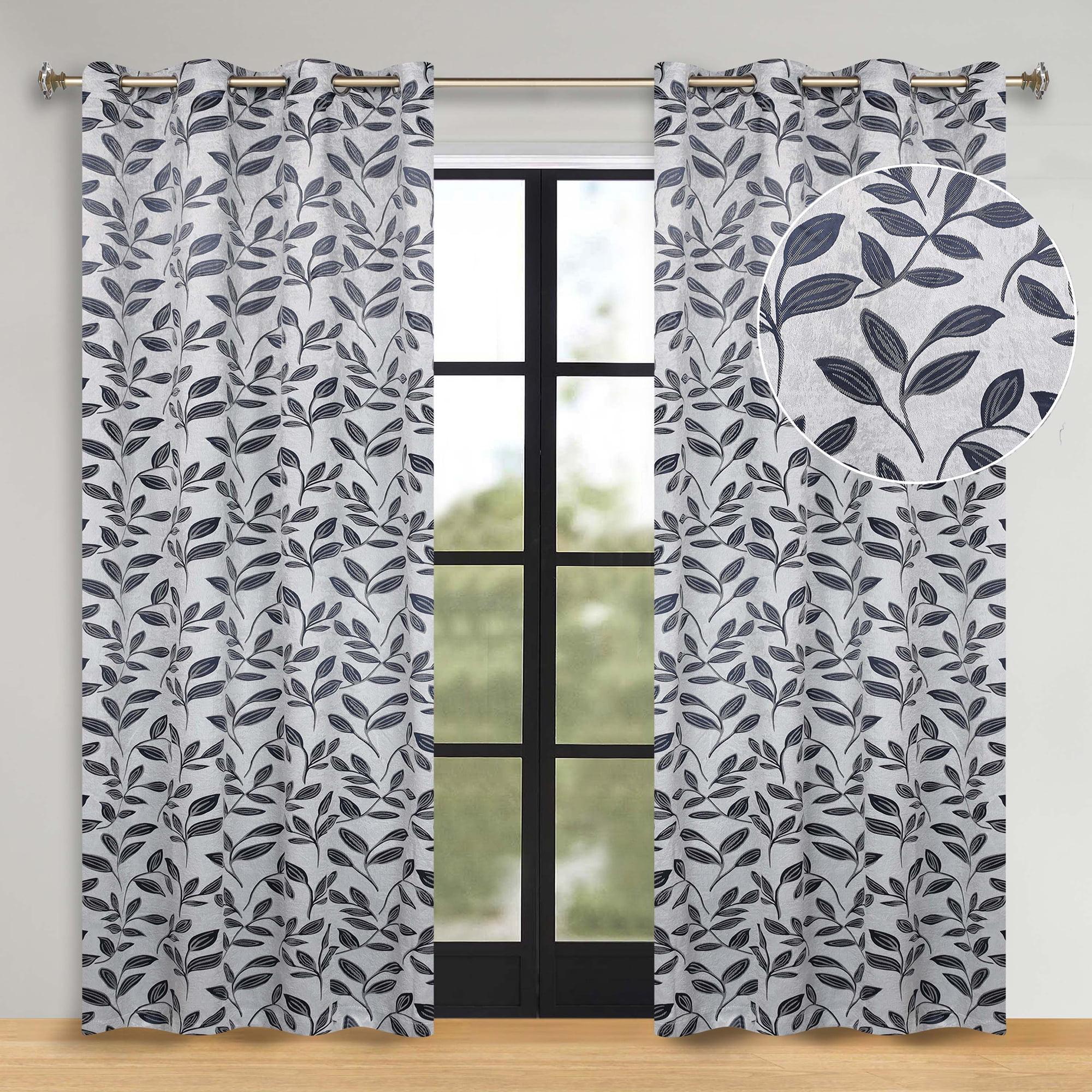 Superior Leaves Blackout Curtains, Set of 2, 70" X 96", White-Navy