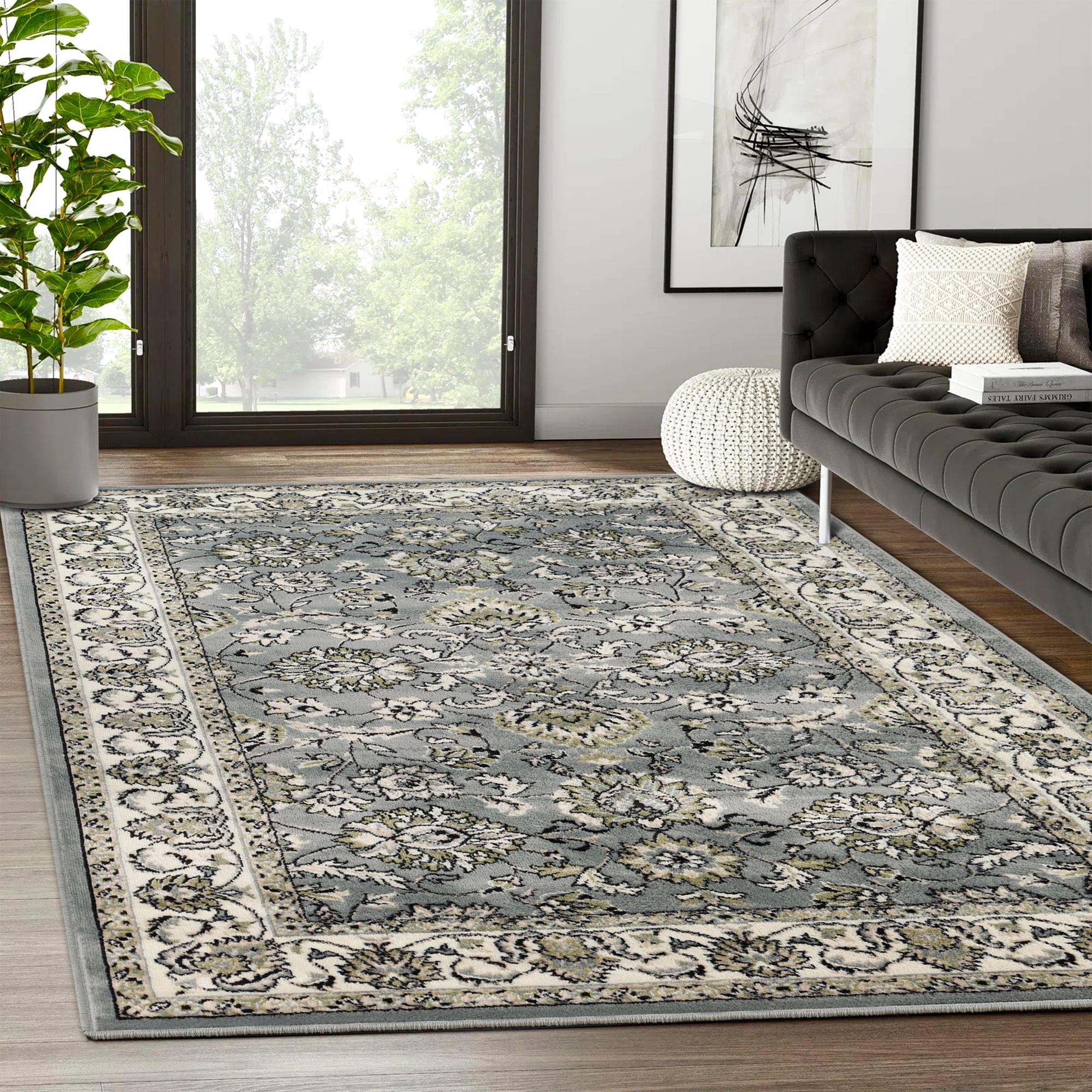 Cream and Gray Floral Rectangular Area Rug, 3' x 5'